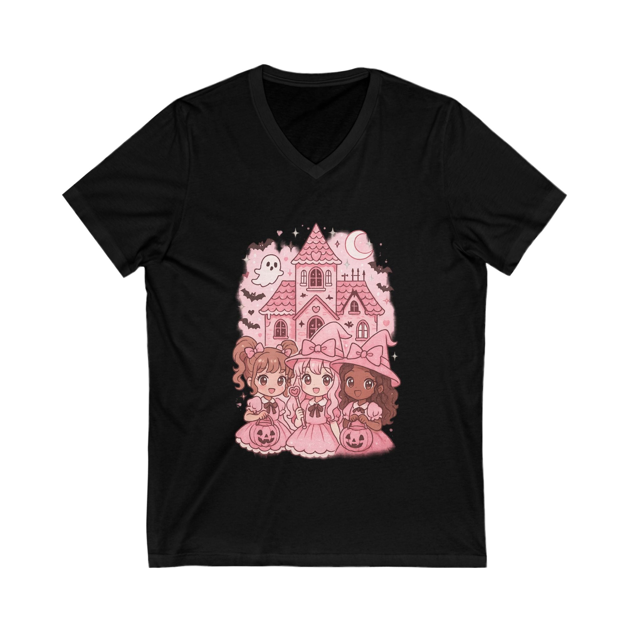 Anime Cartoon, Cute Halloween V-Neck Tee, Halloween Shirt, Spooky Girls Tee, Kawaii Ghost T-Shirt, Fun Fall Fashion