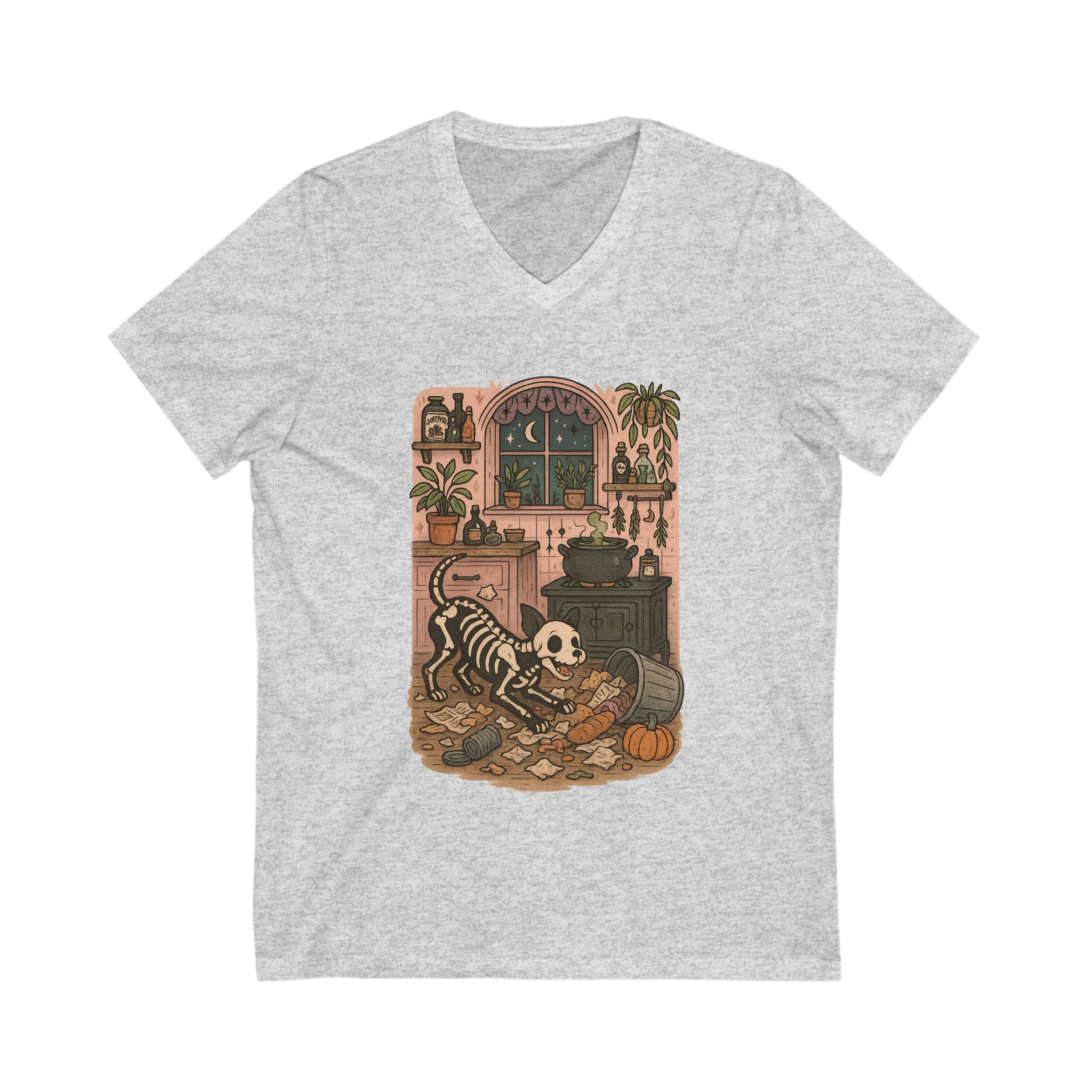 Whimsical Skeleton V-Neck Tee | Halloween, Dog Lovers, Cozy, Unique Gift, Graphic T-Shirt