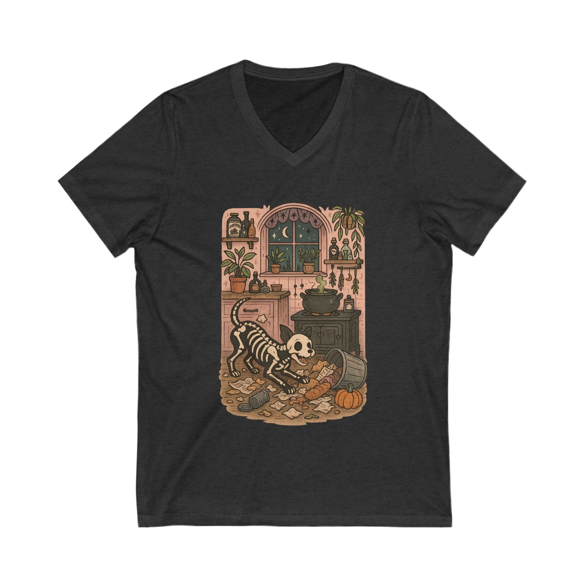 Whimsical Skeleton V-Neck Tee | Halloween, Dog Lovers, Cozy, Unique Gift, Graphic T-Shirt