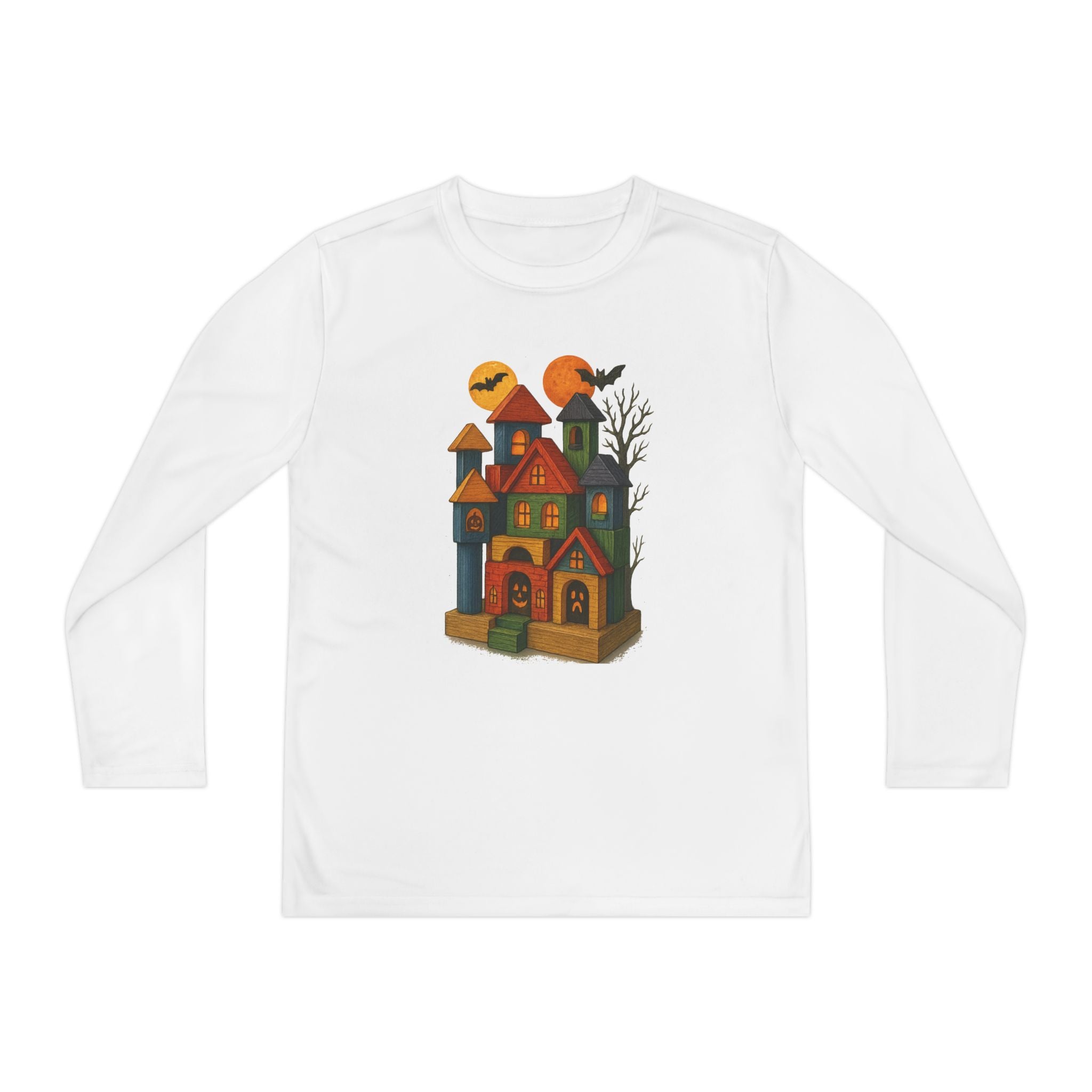 Spooky Wood Blocks Castle Long Sleeve Tee, Youth Shirt, Halloween, Fall Wardrobe Essential, Kids Graphic Tee