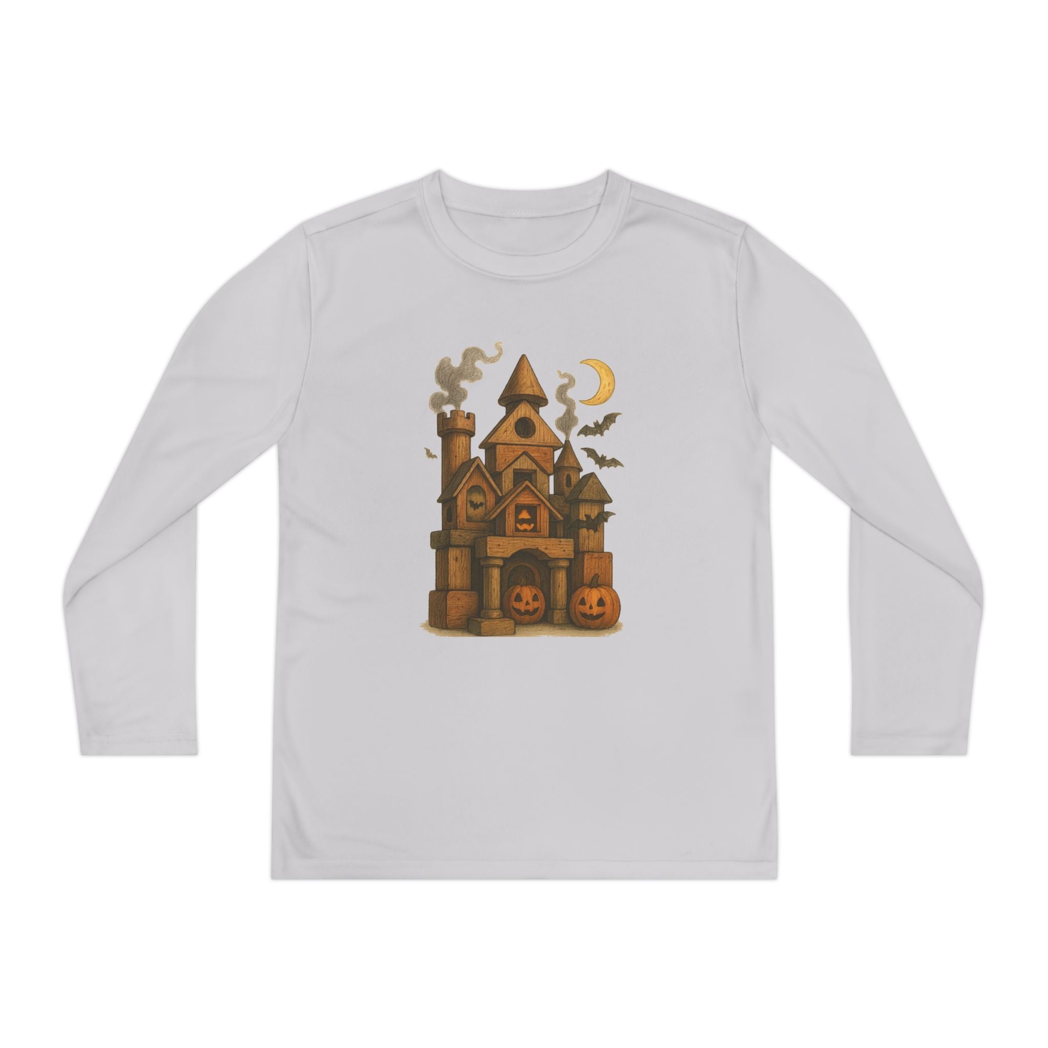 Youth Halloween Long Sleeve Tee Shirt, Spooky Wood Blocks Castle, Fall Apparel