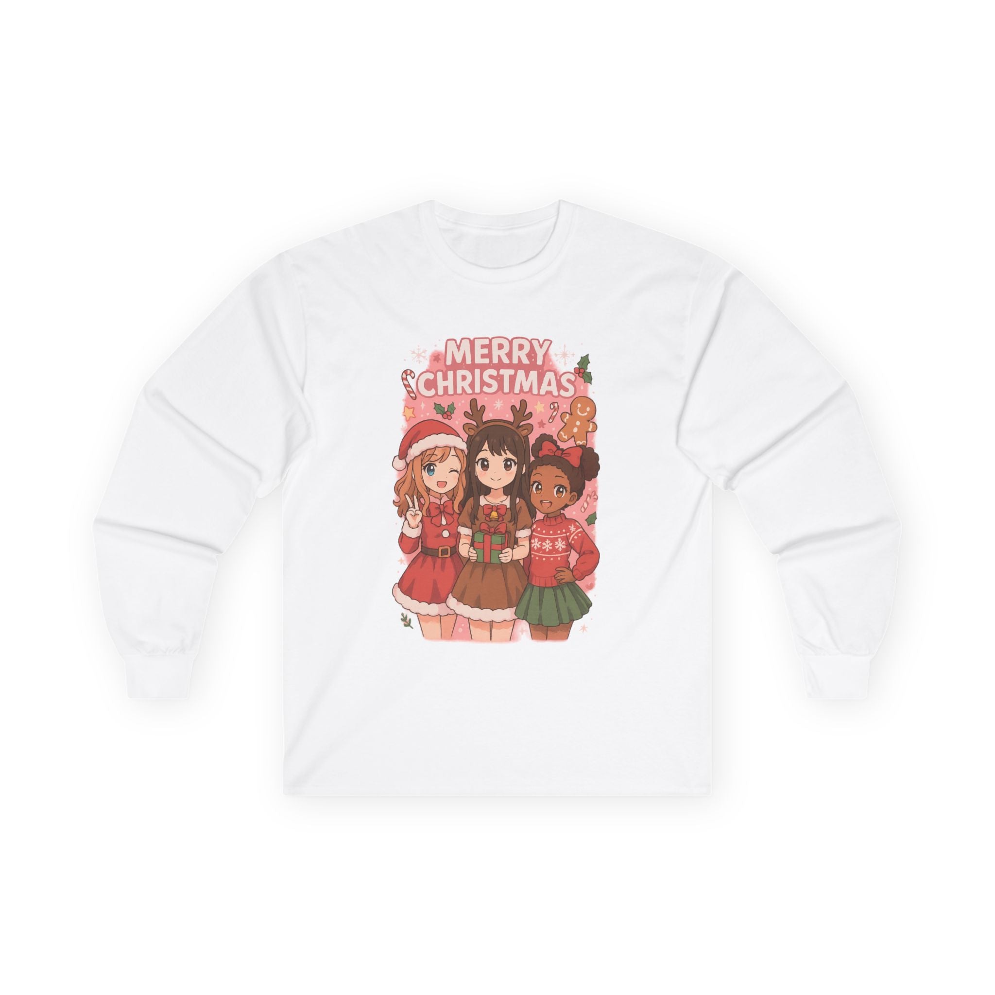 Festive Merry Christmas Pink Anime Cartoon Long Sleeve Tee for Holiday Cheer