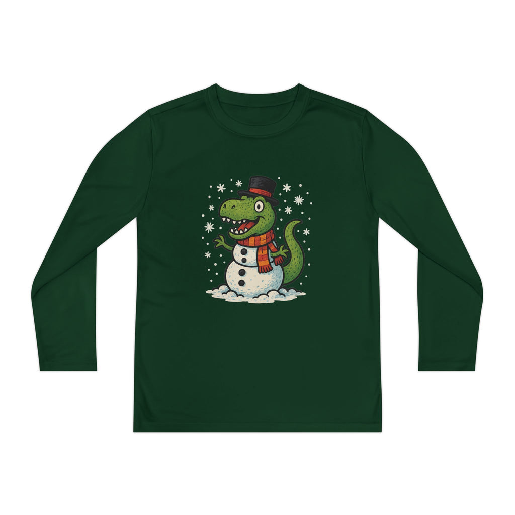 Kids Holiday T‑Rex Dinosaur Snowman Christmas Long Sleeve Tee