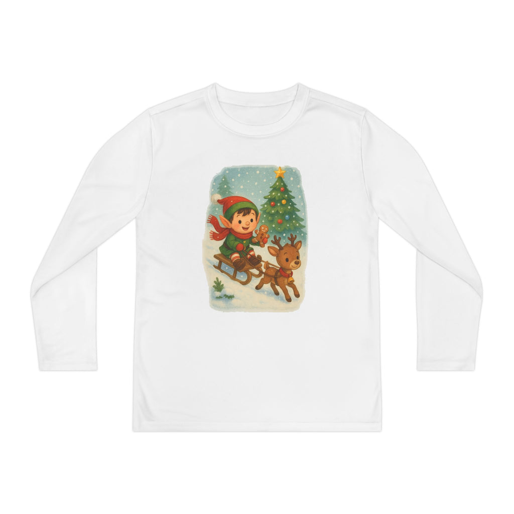 Kids Christmas Long Sleeve Tee - Vintage Elf & Reindeer Sledding Design