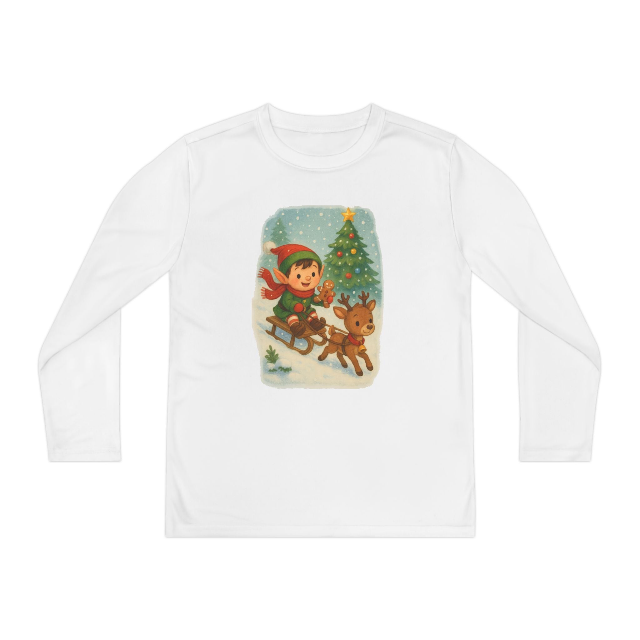 Kids Christmas Long Sleeve Tee - Vintage Elf & Reindeer Sledding Design