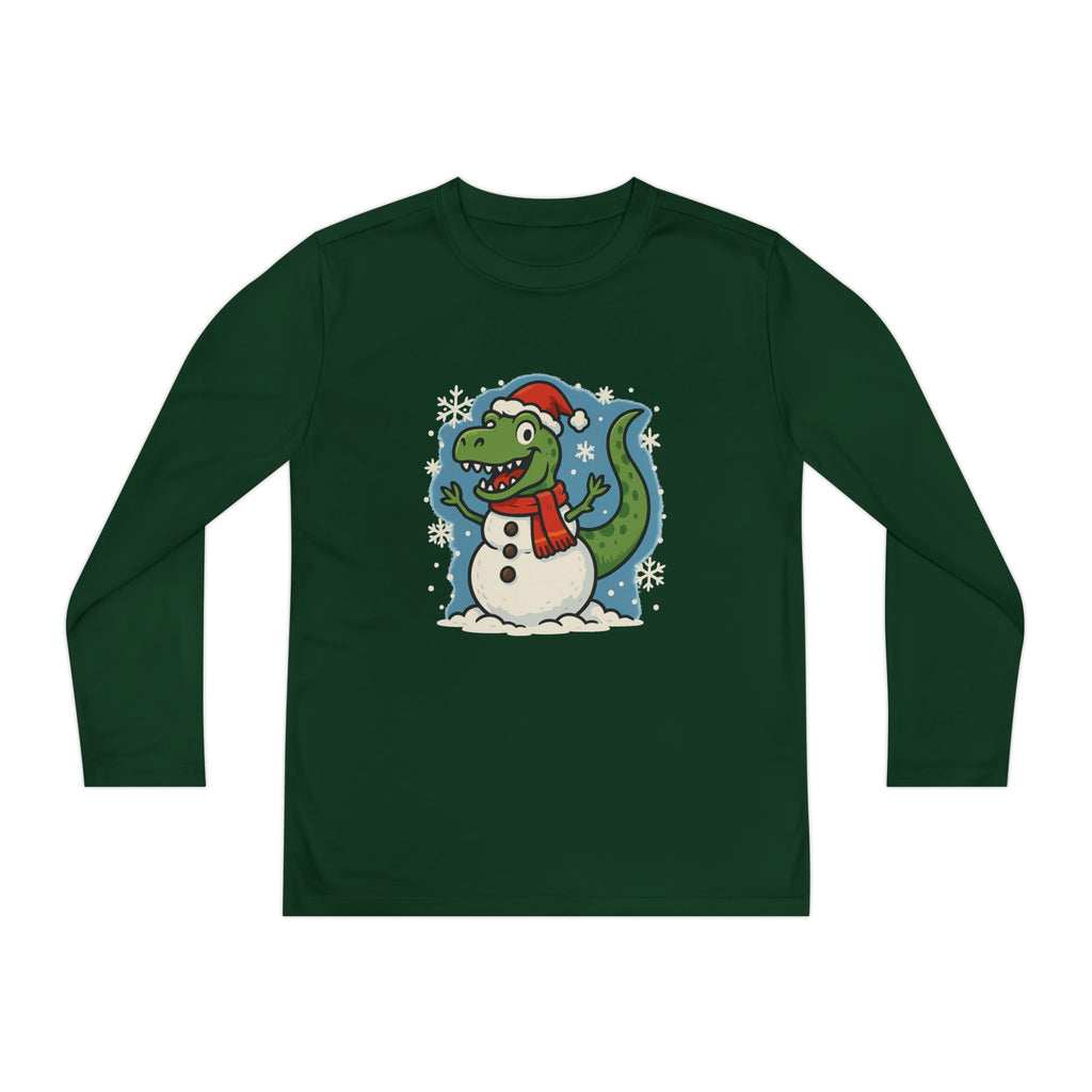 Dinosaur Snowman Christmas Holiday Youth Long Sleeve Tee