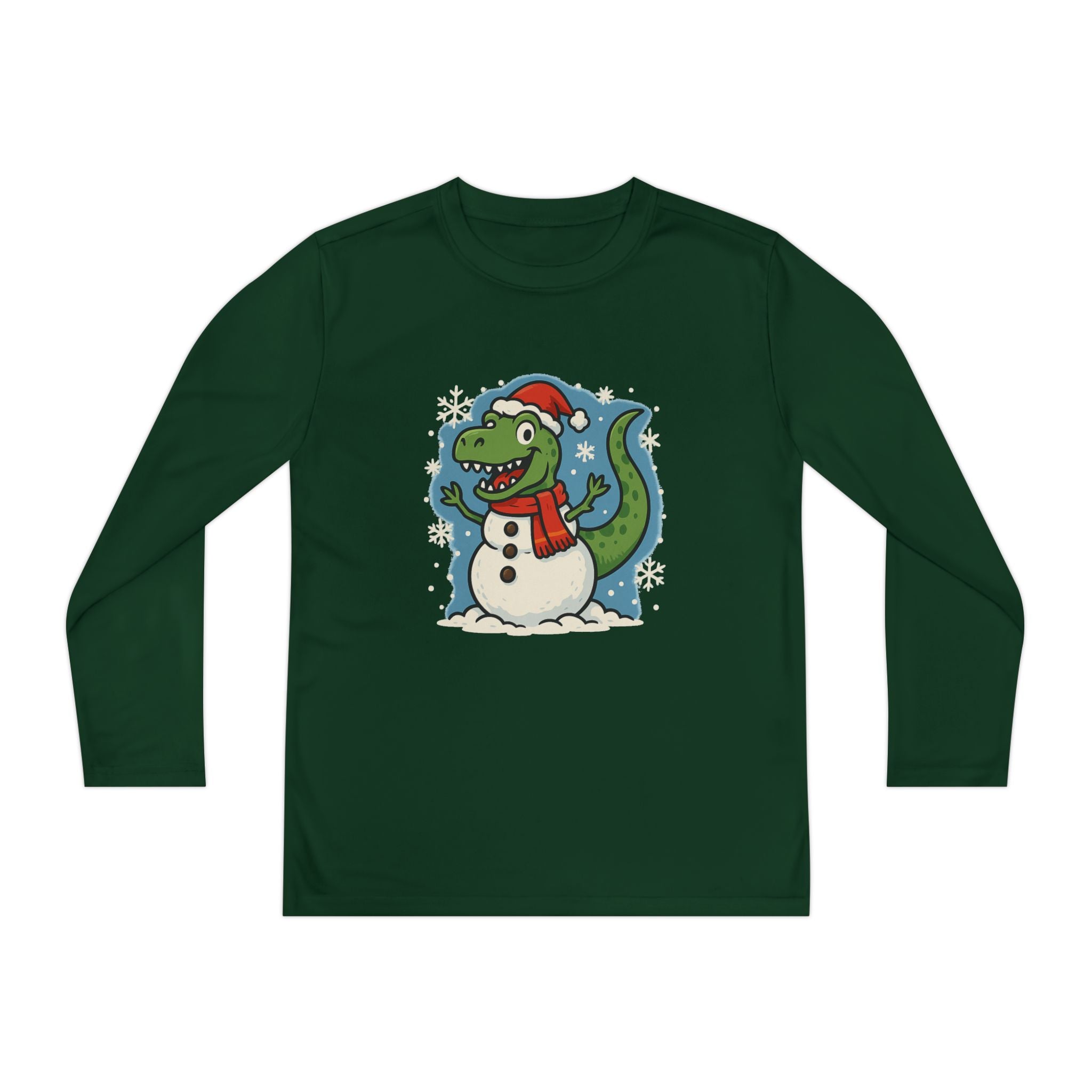 Dinosaur Snowman Christmas Holiday Youth Long Sleeve Tee