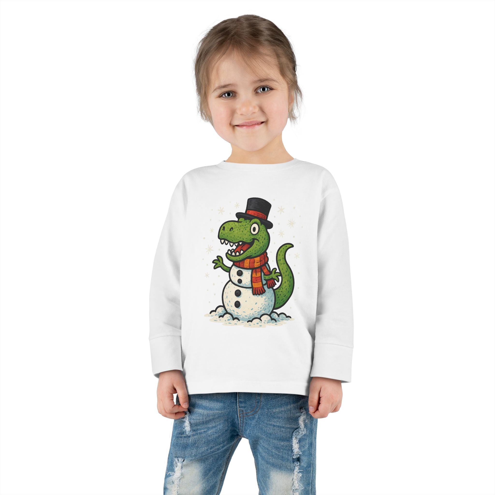 Toddler Long Sleeve Tee  Cute T-Rex Dinosaur Snowman Holiday Shirt