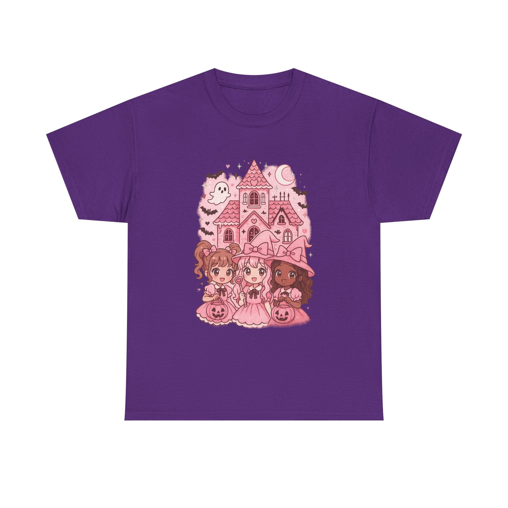Anime Cartoon Cute Halloween Graphic Tee, Pink Haunted House Art, Unisex Cotton Shirt, Gift for Girls