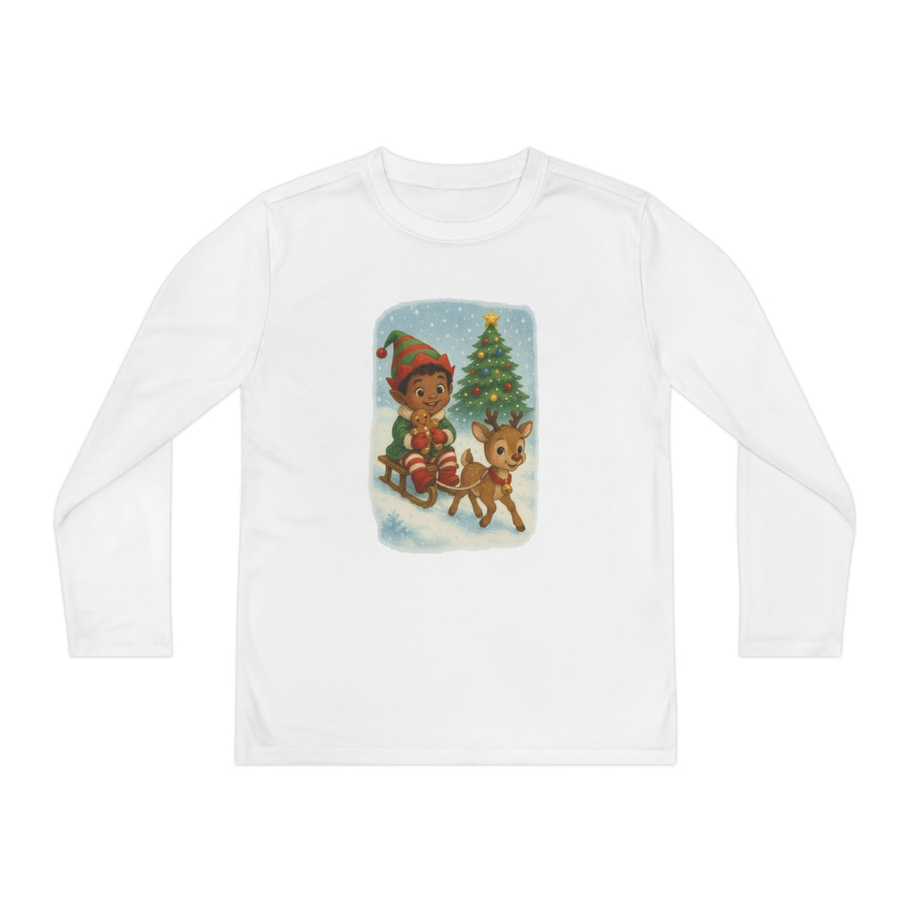 Holiday Elf and Deer Sledding Kids Christmas Long Sleeve Tee