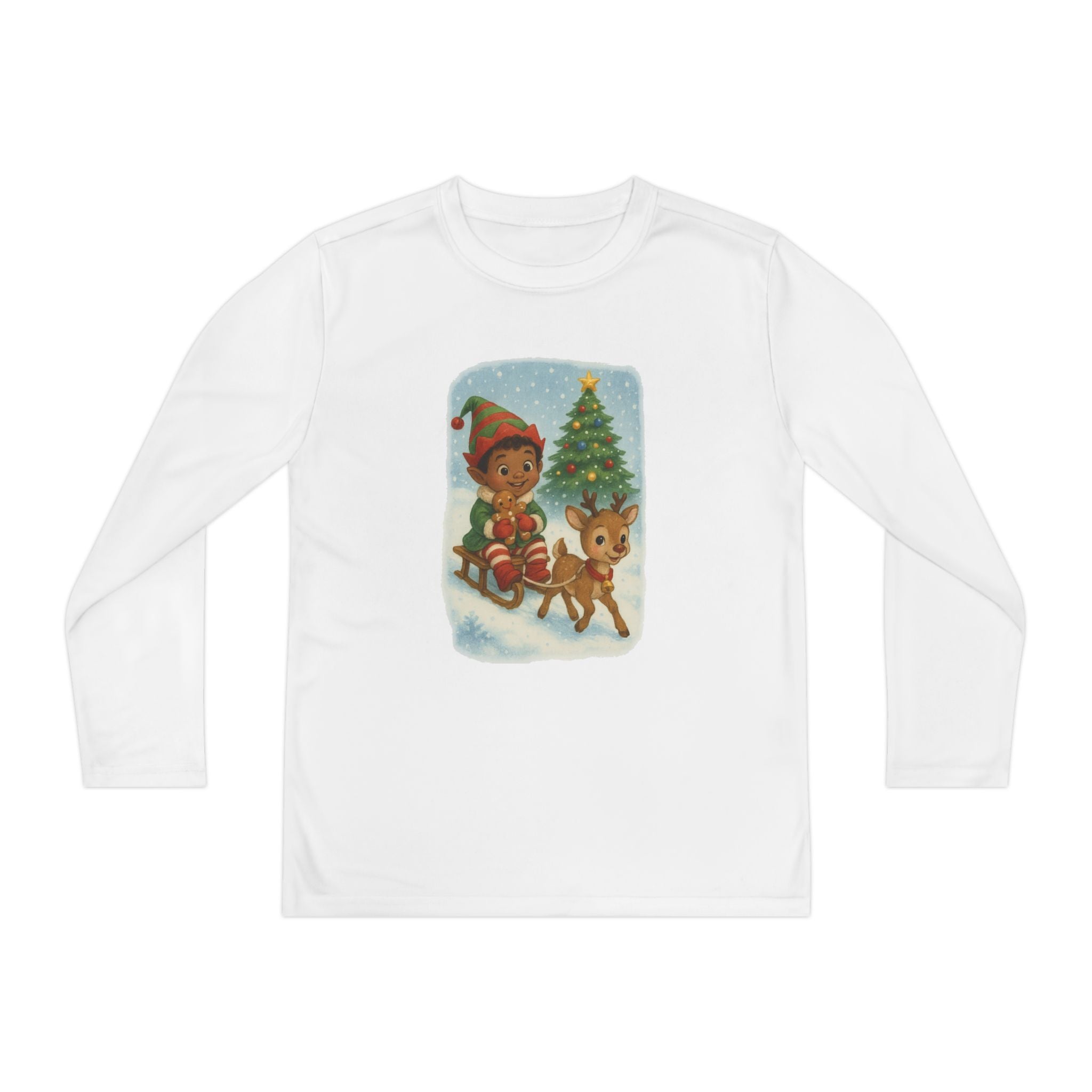 Holiday Elf and Deer Sledding Kids Christmas Long Sleeve Tee