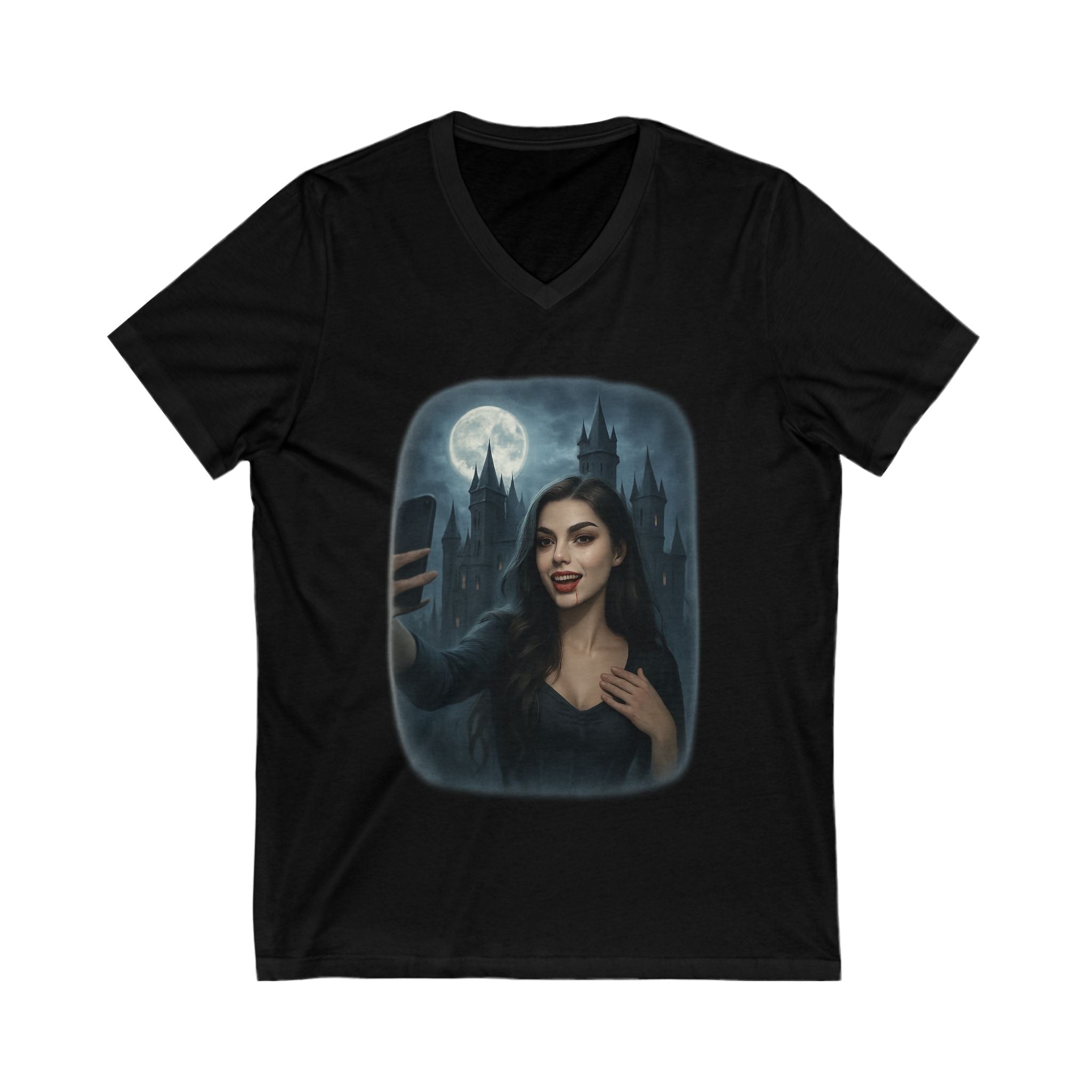 Influencer, Instagram Selfie Vampire, Mystical V-Neck Tee Shirt, Halloween edition
