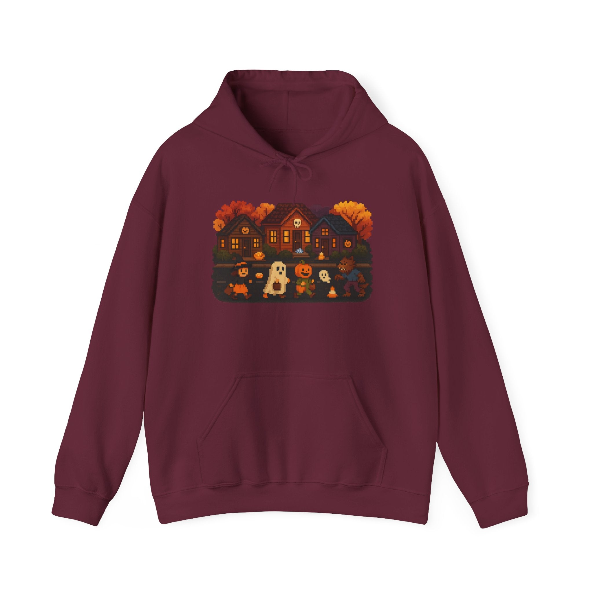 Cozy Halloween Sweatshirt | Hooded Sweatshirt with Spooky Design, Vintage Video Game Trick or Treat Fun