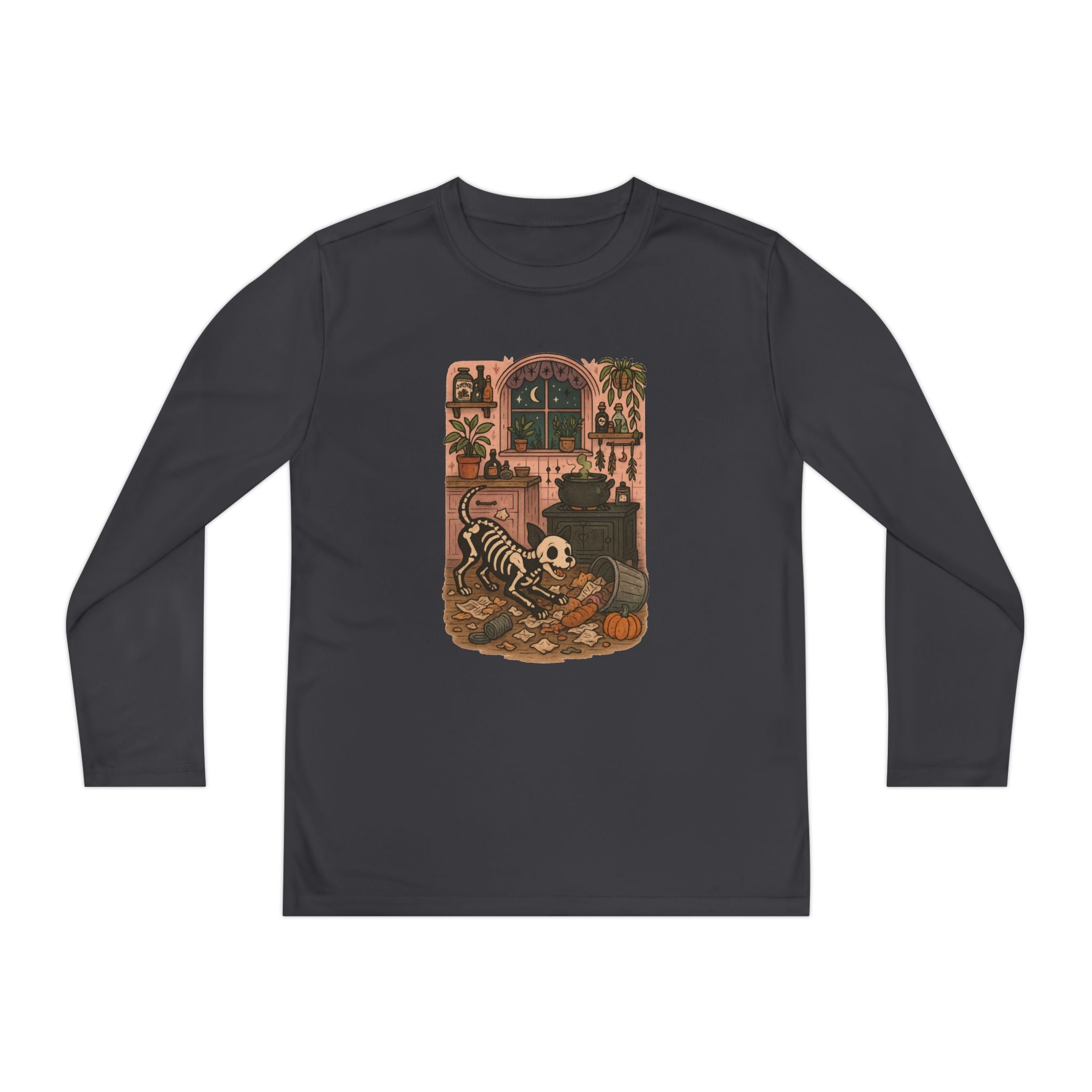 Spooky Skeleton Youth Long Sleeve Tee - Cute Halloween Shirt, Fall Fashion, Dog Lover, Kids' Paranormal Apparel