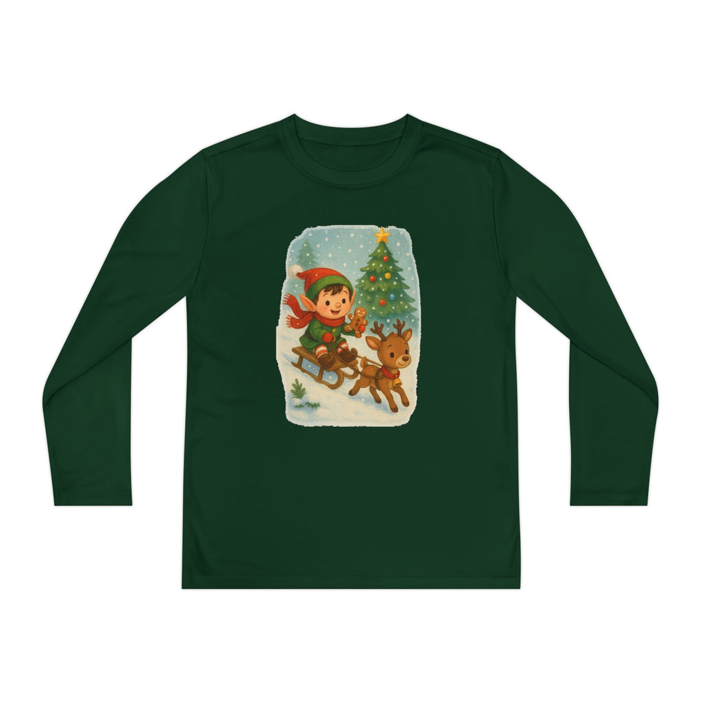 Kids Christmas Long Sleeve Tee - Vintage Elf & Reindeer Sledding Design