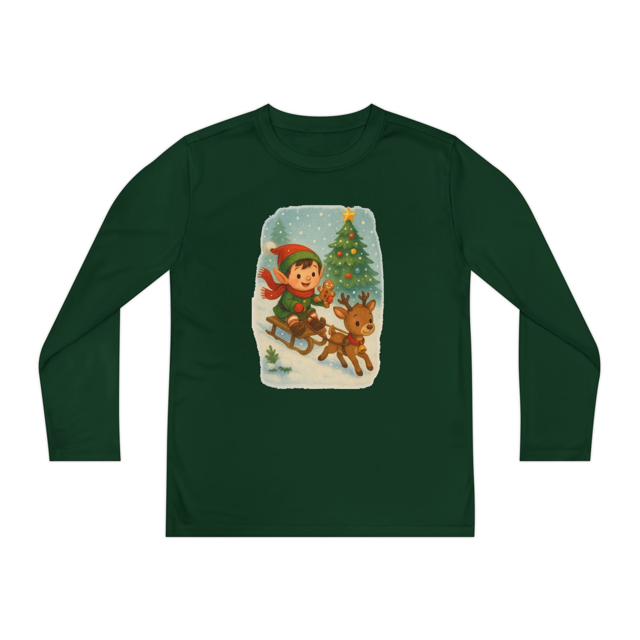 Kids Christmas Long Sleeve Tee - Vintage Elf & Reindeer Sledding Design