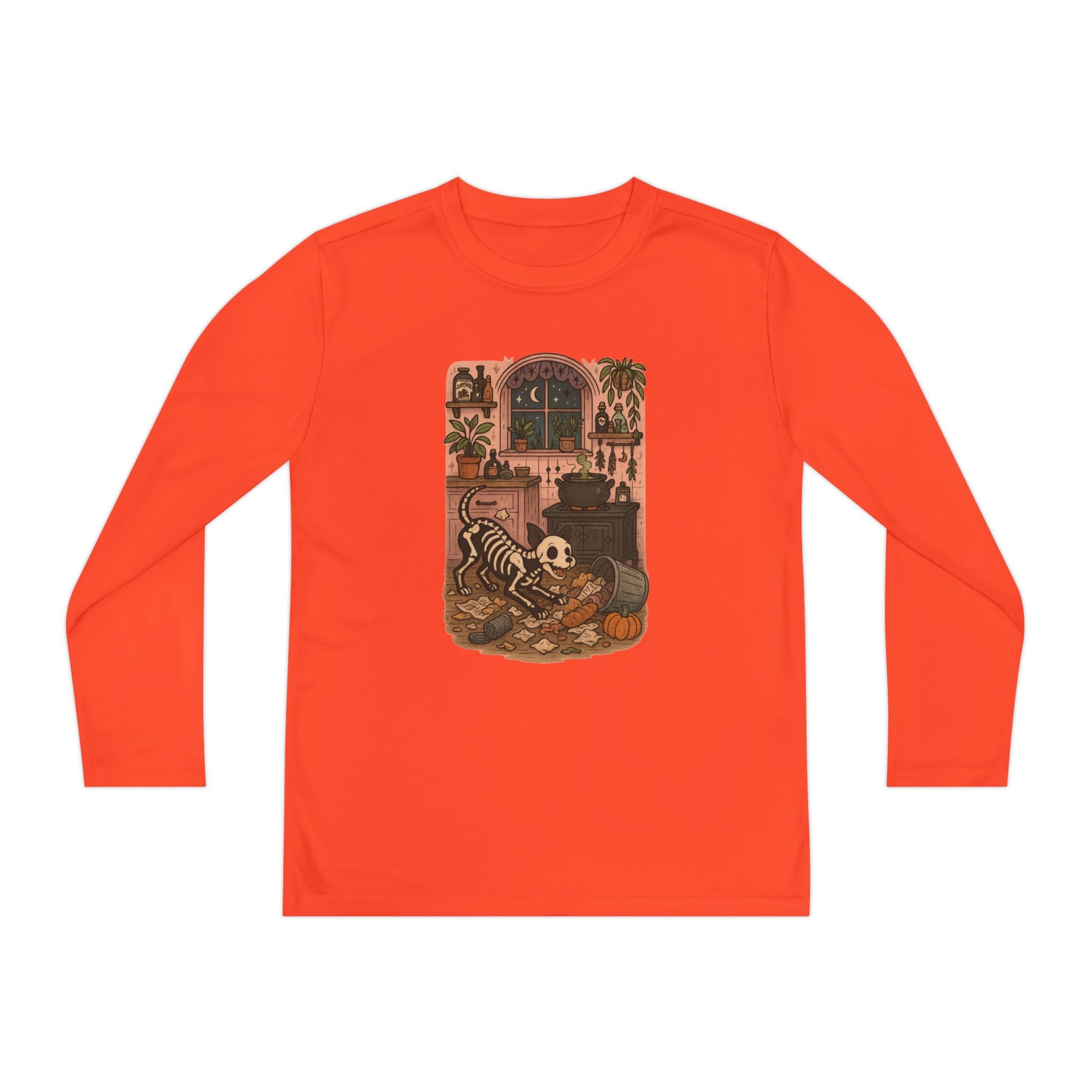 Spooky Skeleton Youth Long Sleeve Tee - Cute Halloween Shirt, Fall Fashion, Dog Lover, Kids' Paranormal Apparel