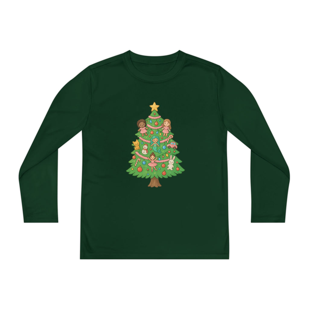Girls Christmas Tree Toys Youth Long Sleeve Holiday Tee