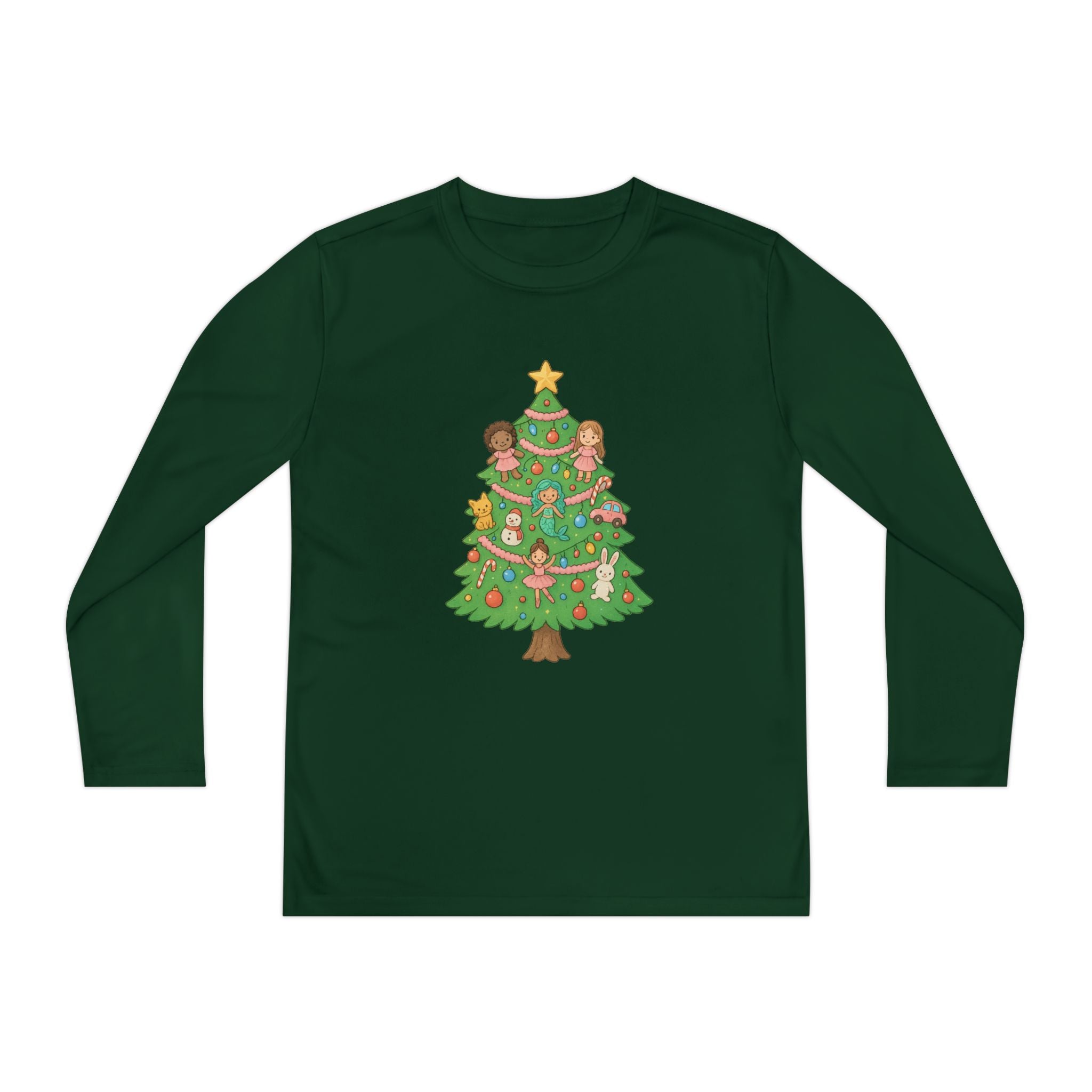 Girls Christmas Tree Toys Youth Long Sleeve Holiday Tee