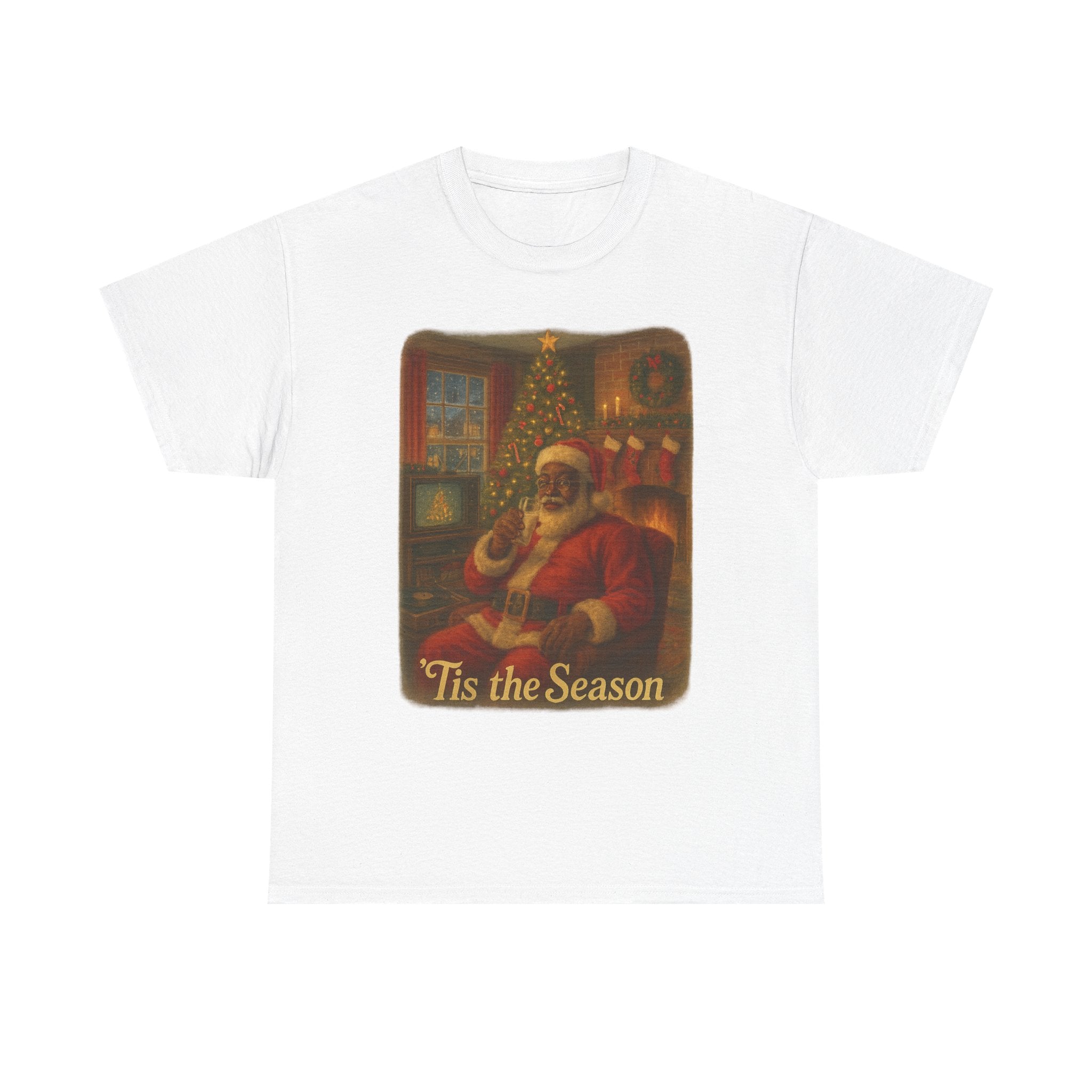 Festive Black Santa Cotton Tee - Nostalgic 'Tis the Season vintage Christmas Shirt
