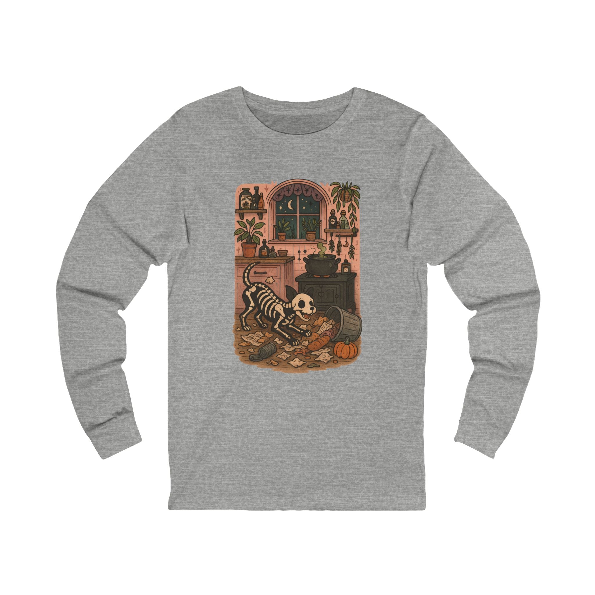 Cozy Halloween Skeleton Long Sleeve Tee, Fall Fashion, Unisex Shirt, Spooky Apparel, Dog Lover, Gift Idea