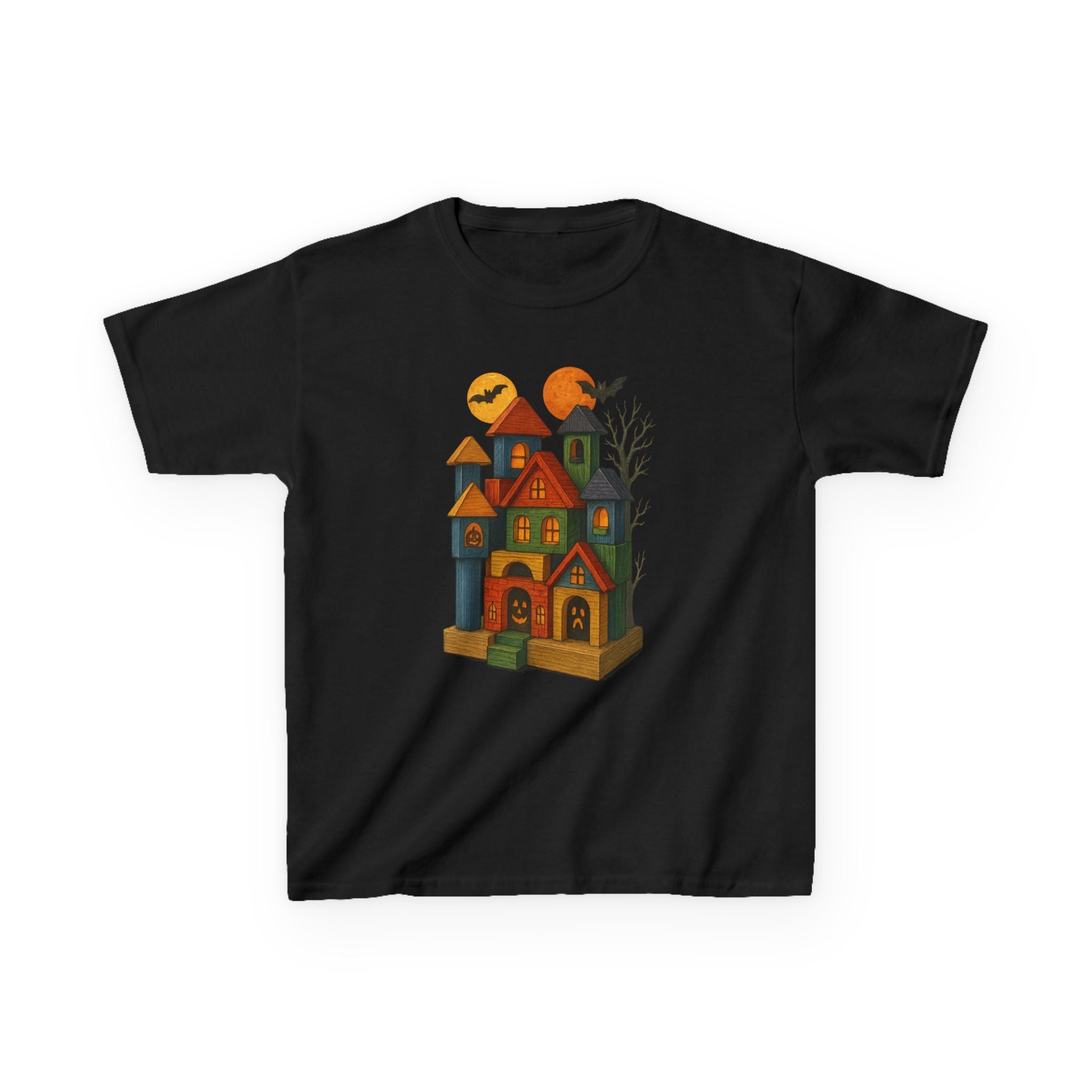 Halloween Wood Block Haunted House Kids Tee Shirt, Fall Festivities Apparel
