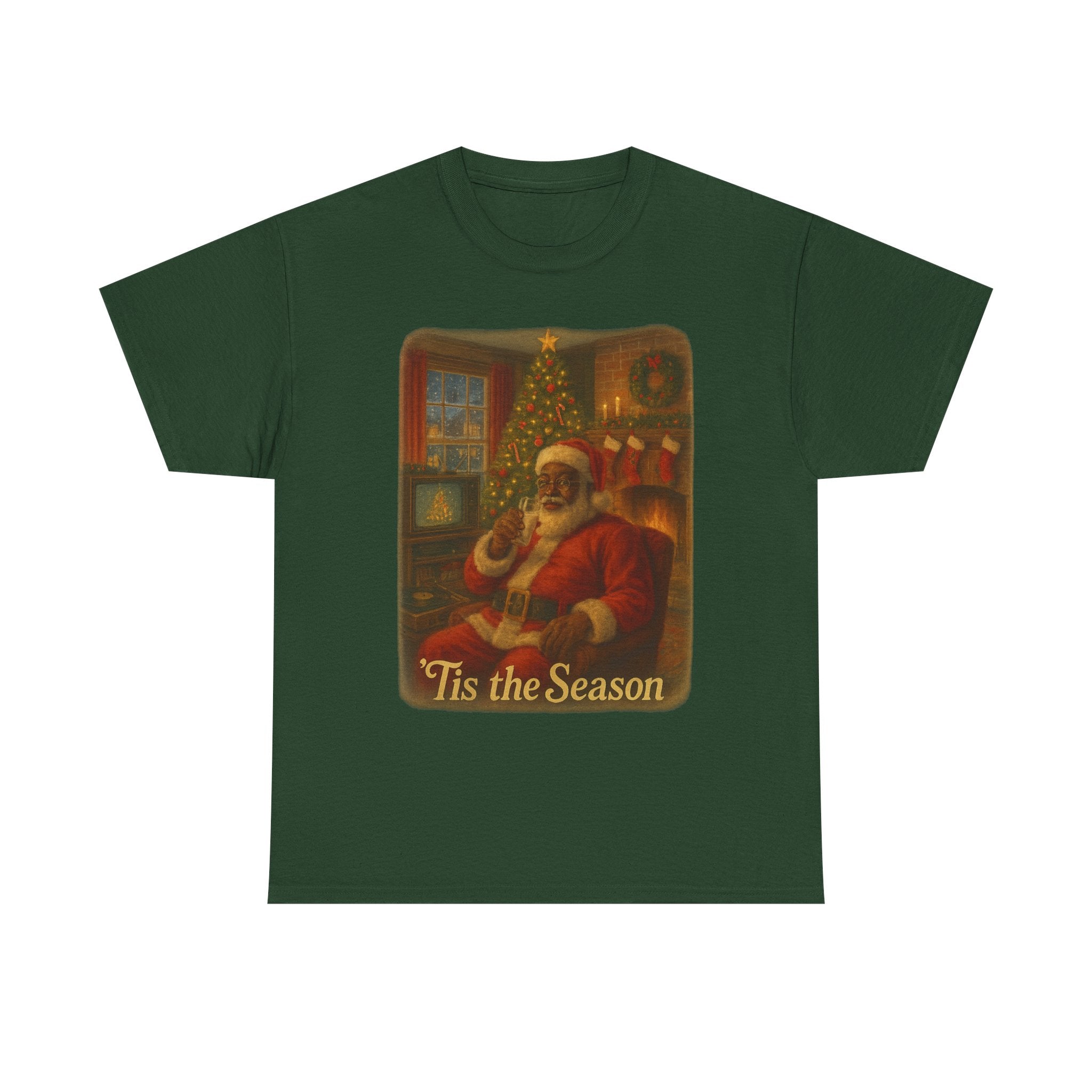 Festive Black Santa Cotton Tee - Nostalgic 'Tis the Season vintage Christmas Shirt