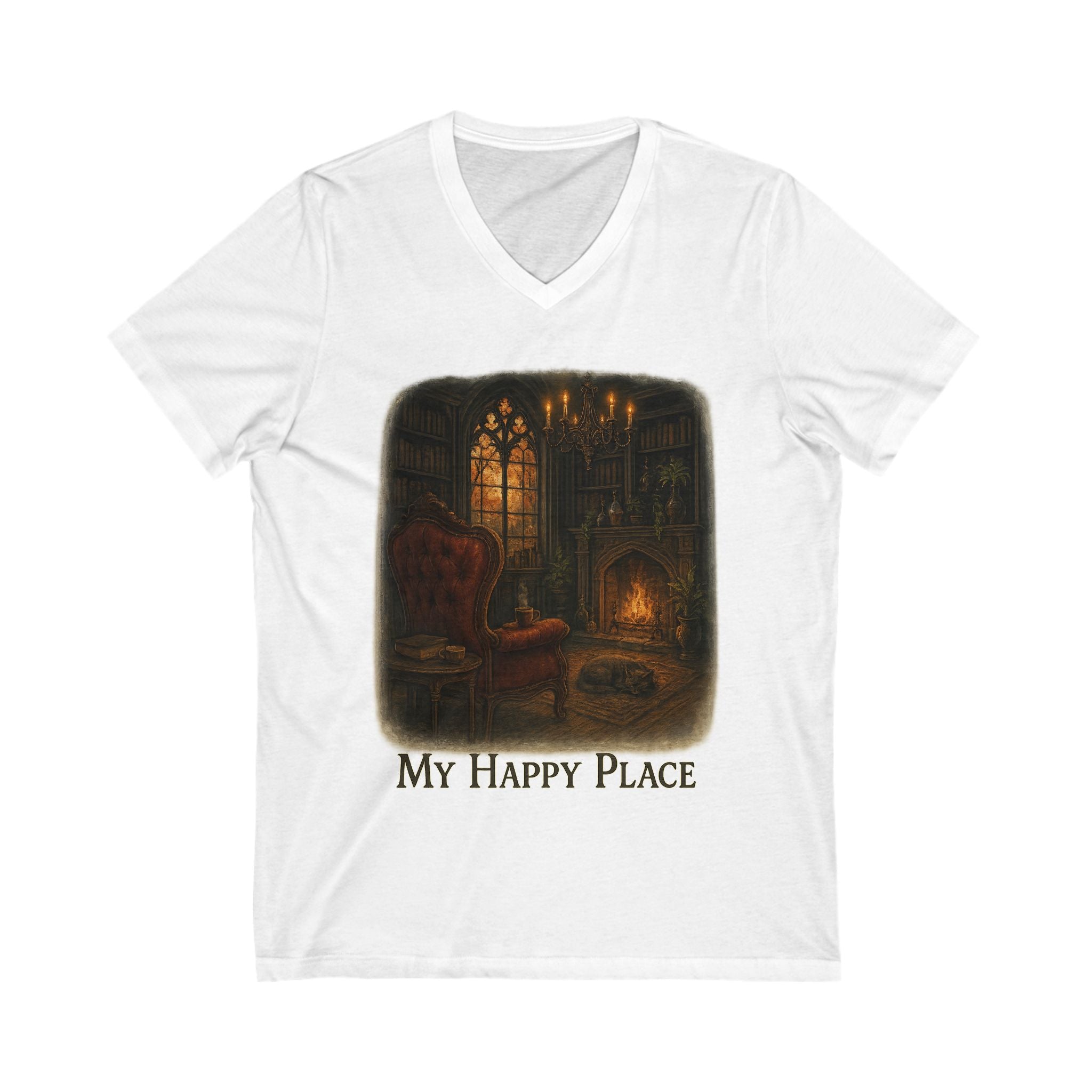 Cozy V-Neck Tee, Relaxed Fit, My Happy Place Shirt, Gift for Book Lovers, Comfort Casual Wear, Autumn, Fall