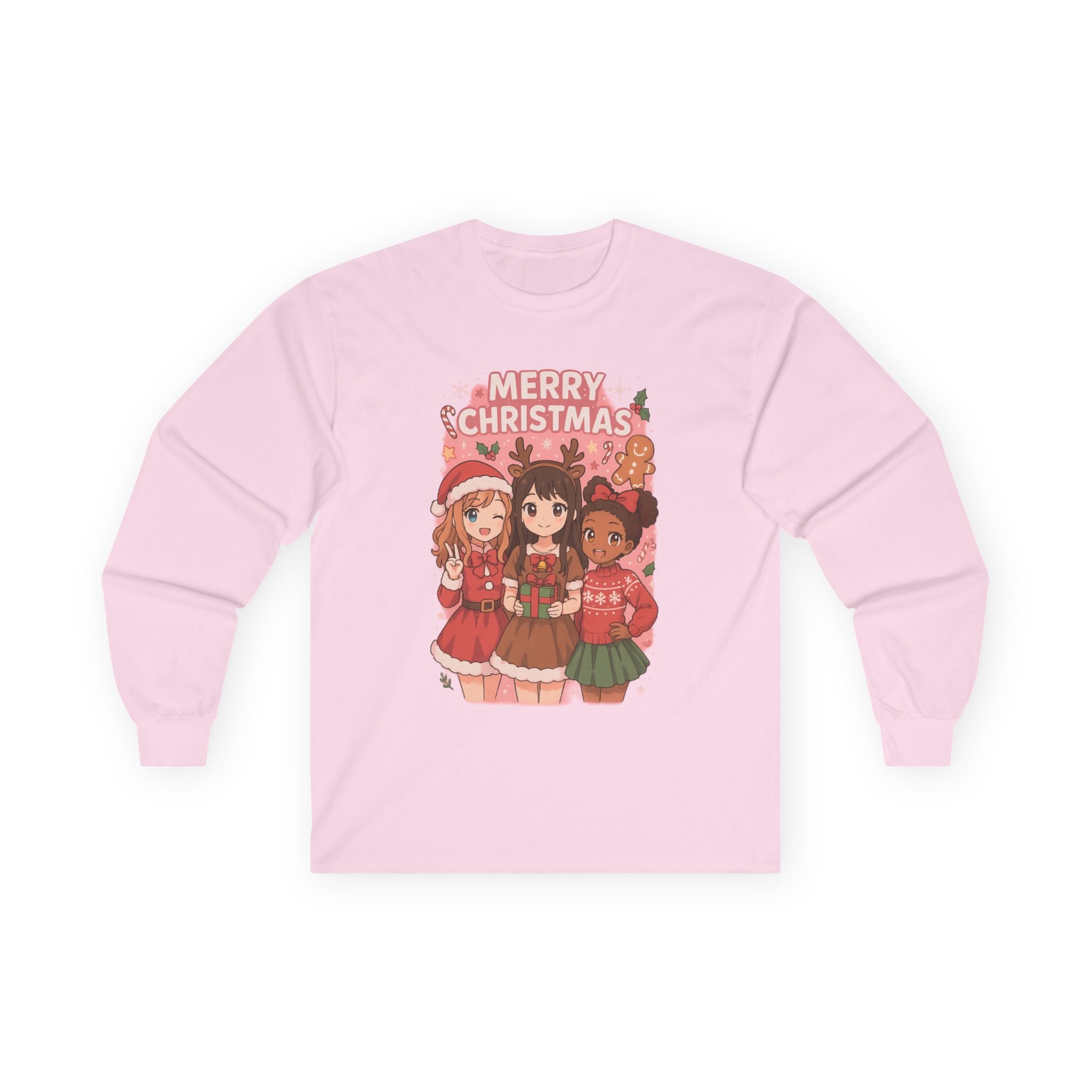 Festive Merry Christmas Pink Anime Cartoon Long Sleeve Tee for Holiday Cheer