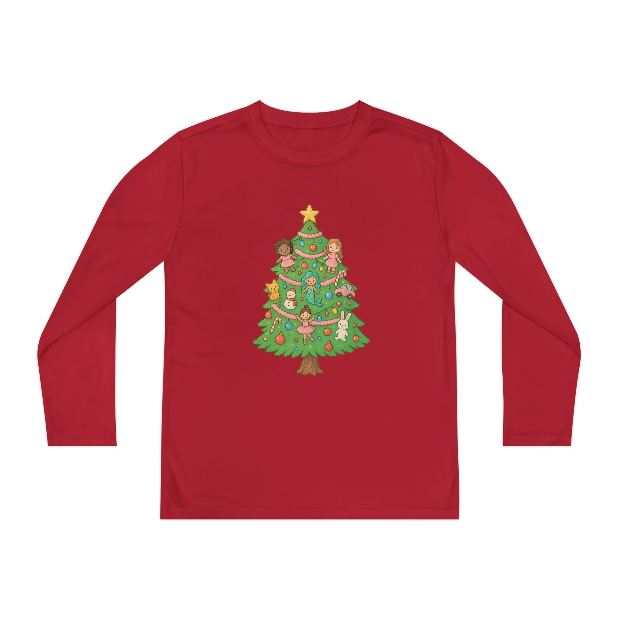 Girls Christmas Tree Toys Youth Long Sleeve Holiday Tee