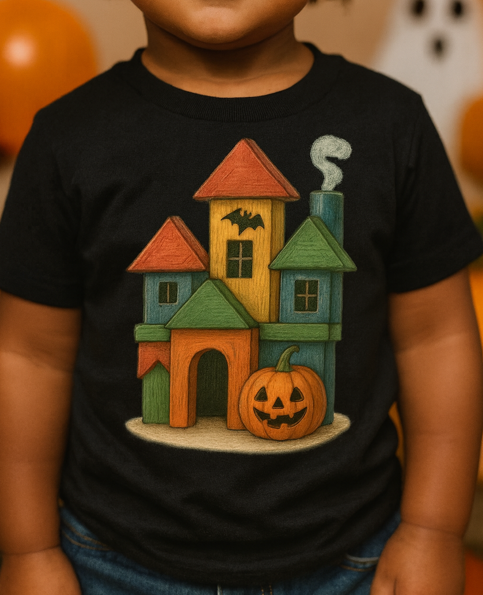 Halloween Toddler Tee - Cute Wood Block Haunted House Design, Kids Gift, Fall Apparel