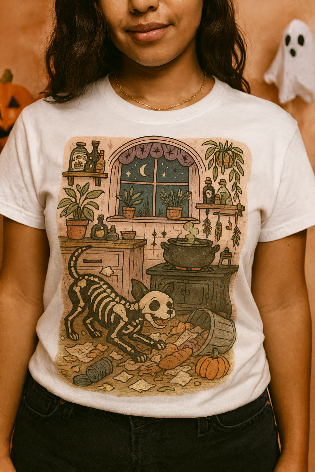 Halloween Skeleton Tee, Unisex Cotton Shirt, Dog Lovers, Spooky Season Apparel, Fall Outfit, Unique Halloween Gift