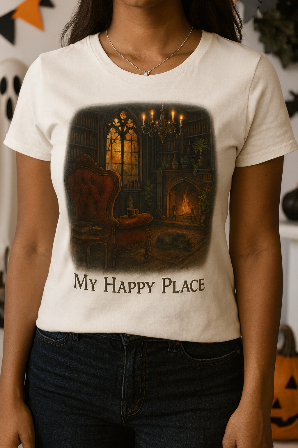 Cozy V-Neck Tee, Relaxed Fit, My Happy Place Shirt, Gift for Book Lovers, Comfort Casual Wear, Autumn, Fall