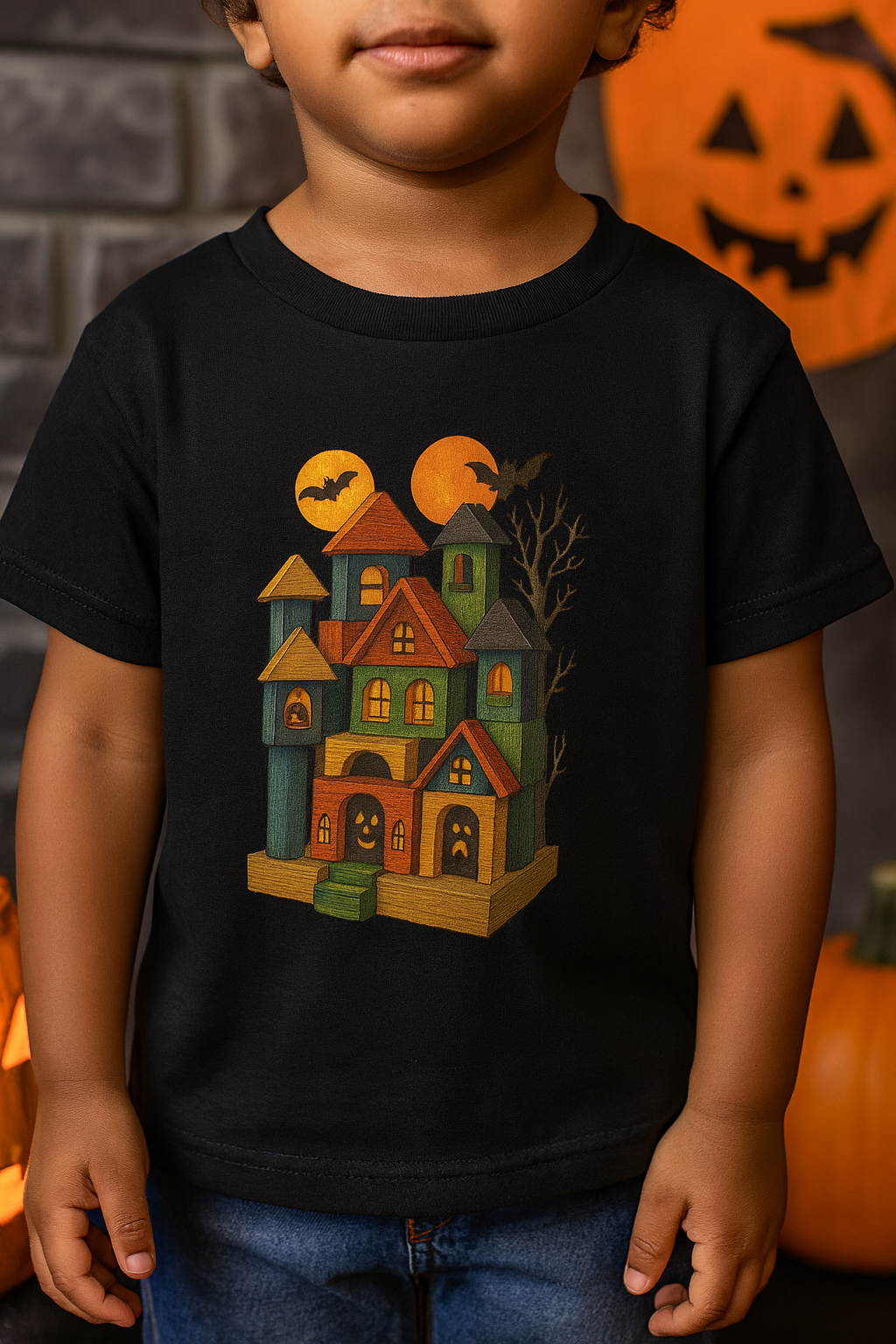 Halloween Toddler Long Sleeve Tee Shirt, Spooky Wood Blocks Castle, Gift for Kids