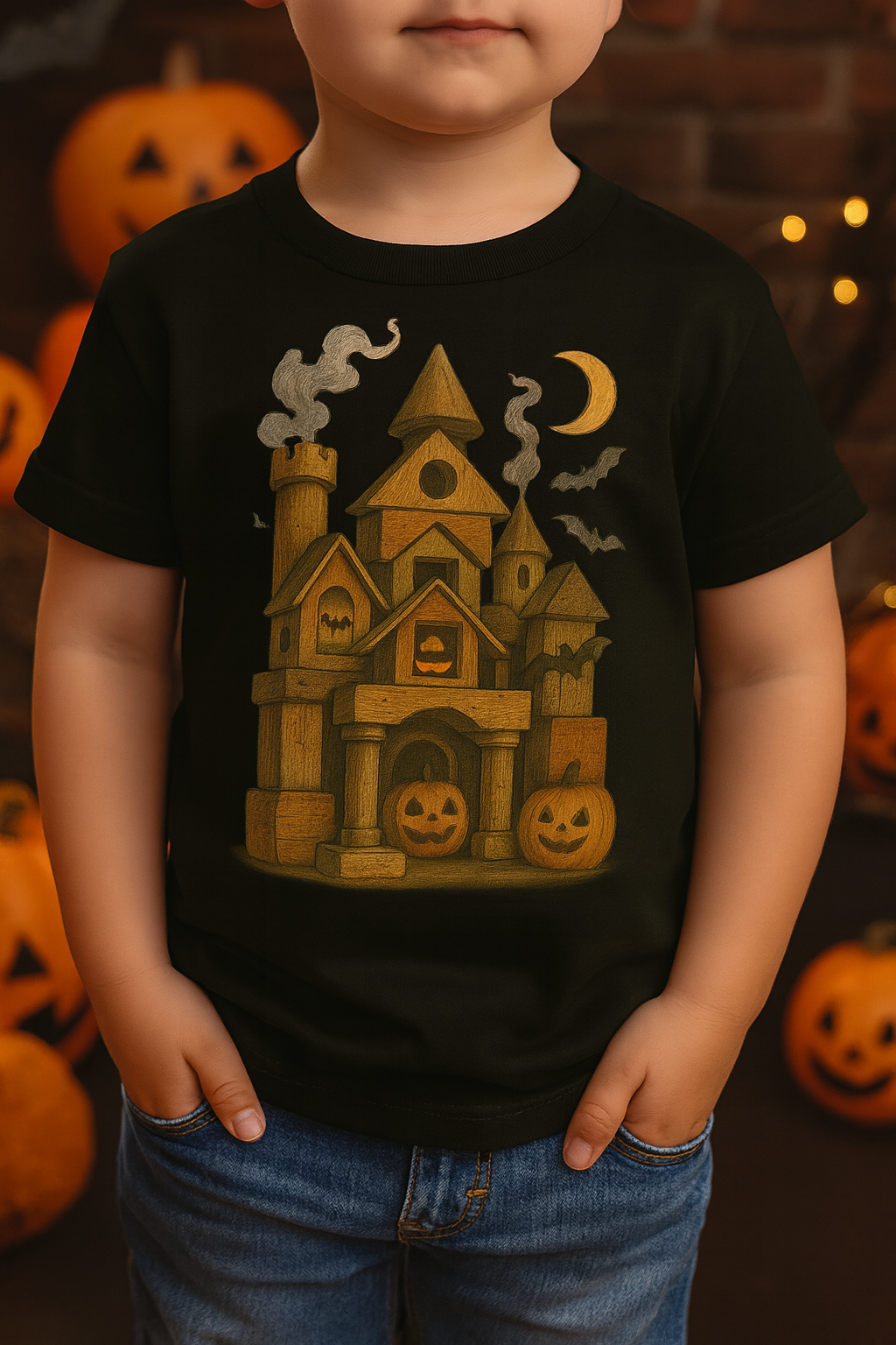 Halloween Toddler Tee Shirt, Spooky Wood Blocks Castle, Fun Fall T-Shirt
