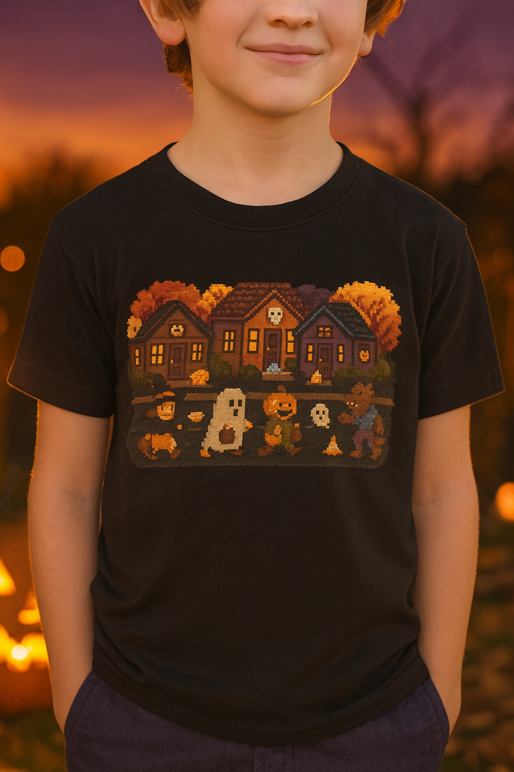 Cozy Halloween Youth Hoodie with Spooky Design, Vintage Video Game Trick or Treat Fun