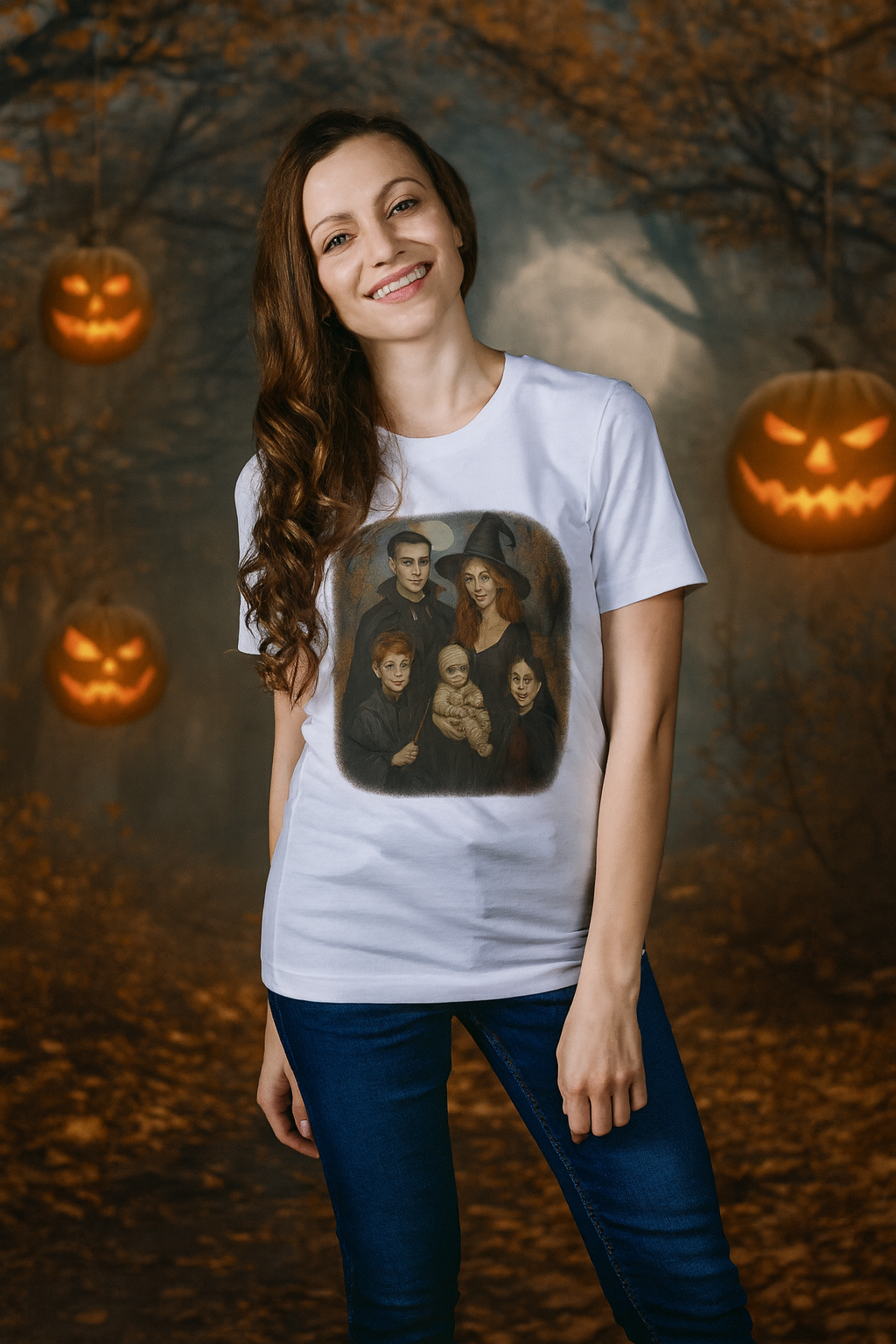 Halloween Characters Family Portrait V Neck T-Shirt Spooky Vibes Photoshoot