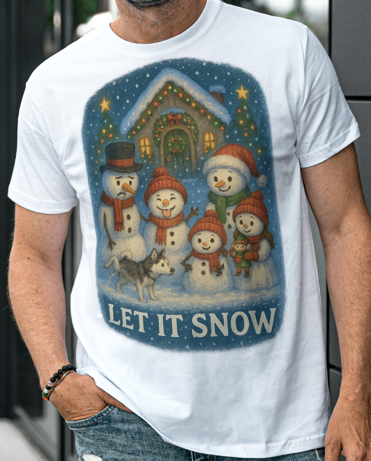 Festive Silly Snowman family  "Let It Snow" Holiday Christmas T-Shirt