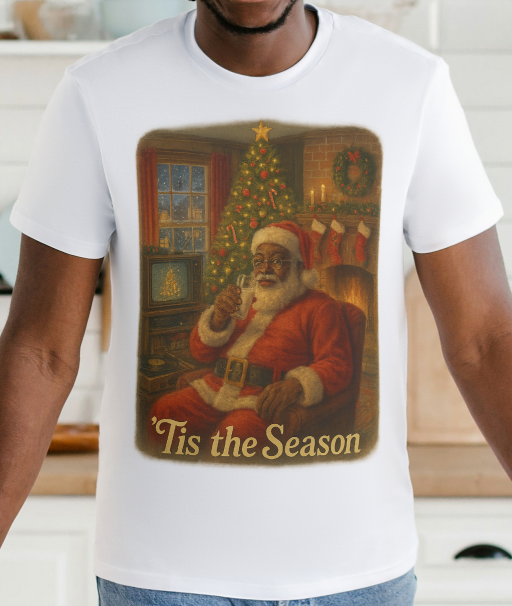 Festive Black Santa Cotton Tee - Nostalgic 'Tis the Season vintage Christmas Shirt