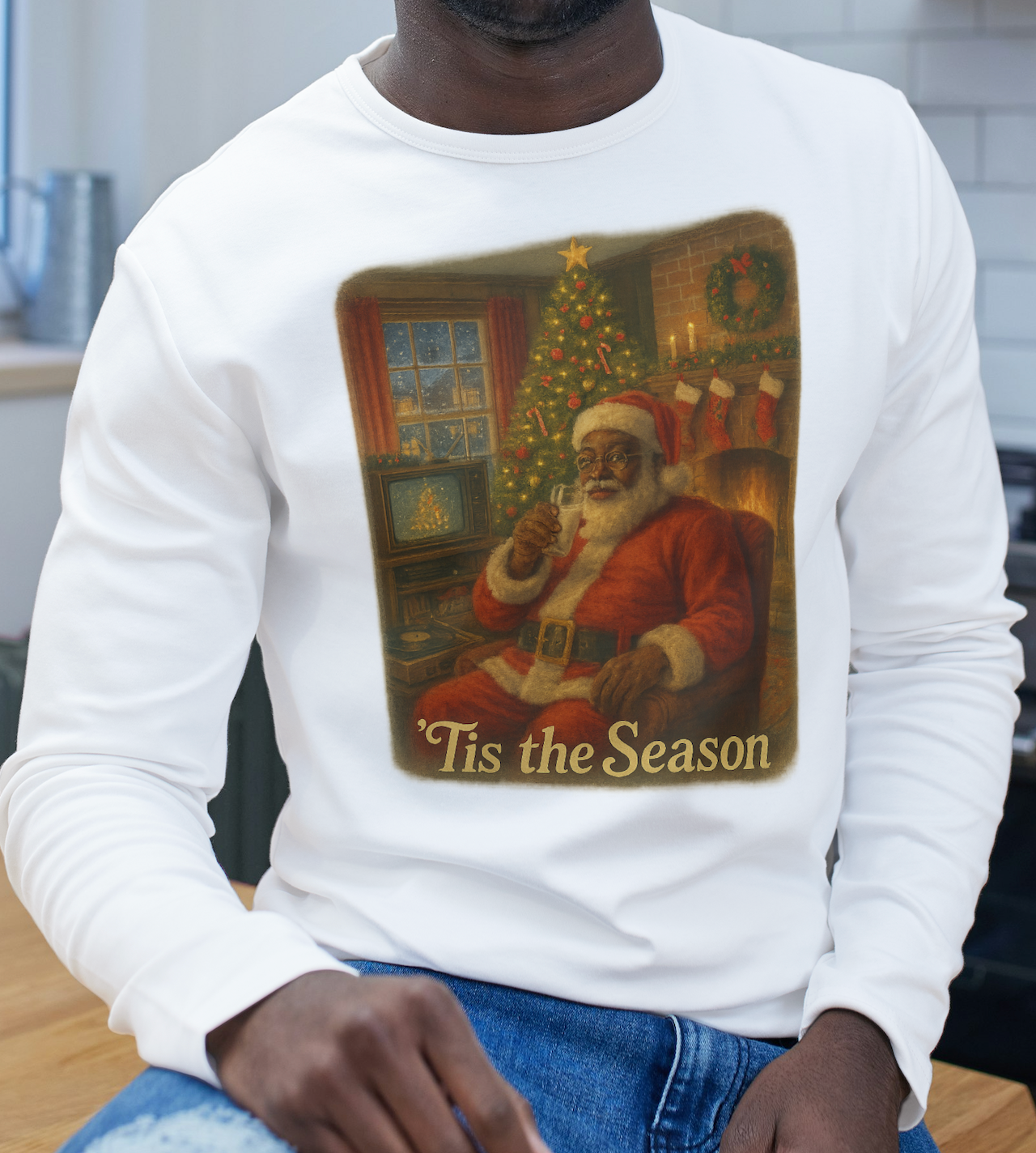 Festive Black Santa Long Sleeve Tee - Nostalgic 'Tis the Season vintage Christmas Shirt