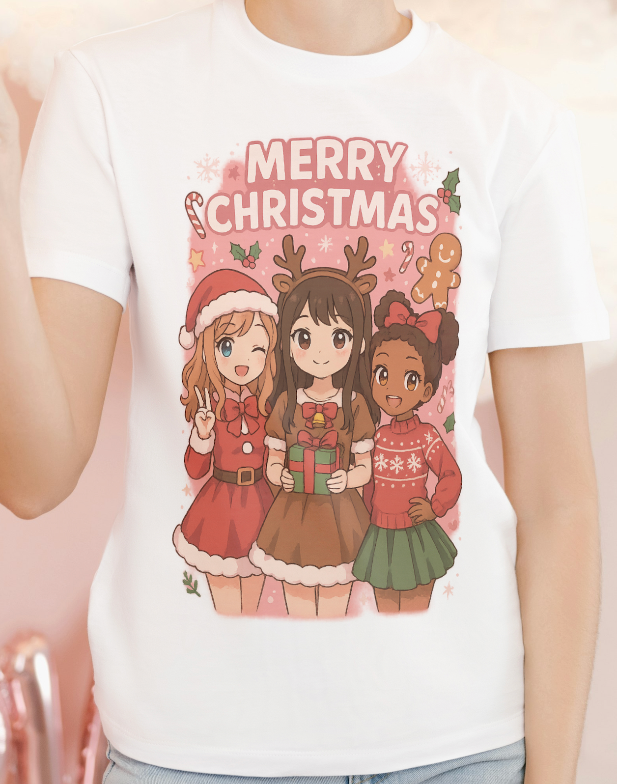 Merry Christmas Girls Pink Anime Heavy Cotton Tee