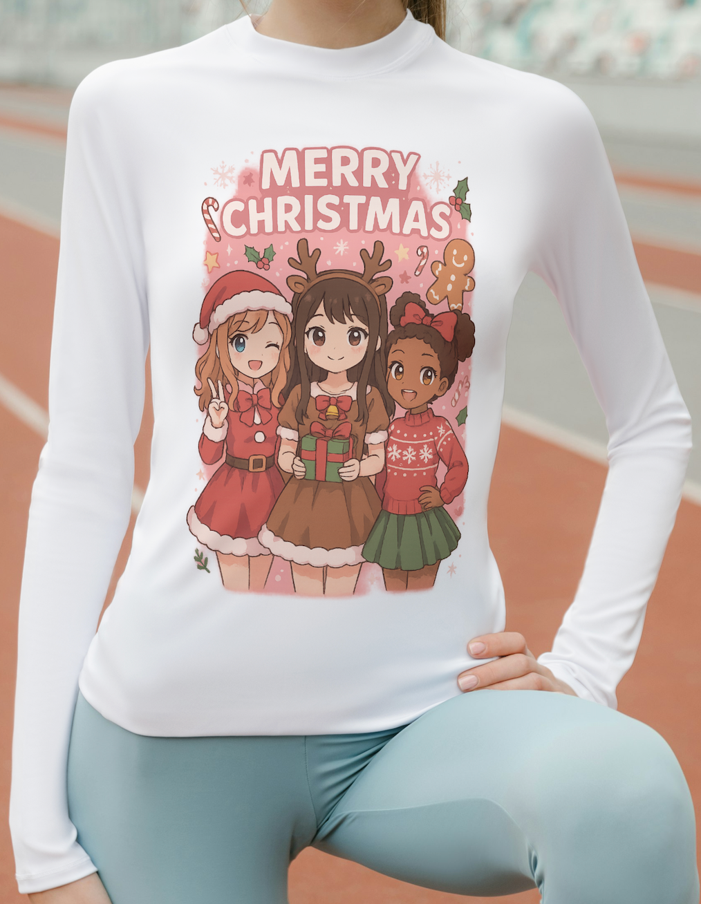 Festive Merry Christmas Pink Anime Cartoon Long Sleeve Tee for Holiday Cheer