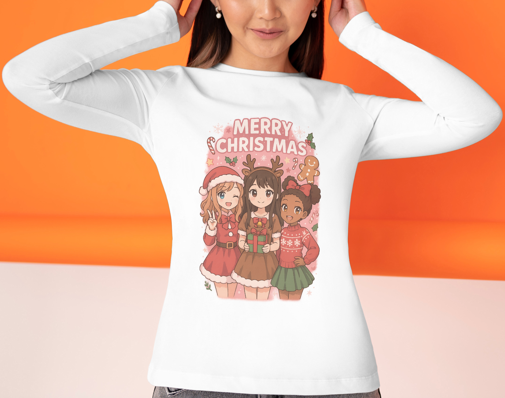 Festive Merry Christmas Pink Anime Cartoon Long Sleeve Tee for Holiday Cheer