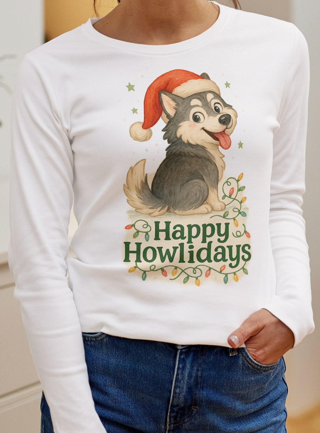 Happy Howlidays Husky Dog Christmas Long Sleeve Tee