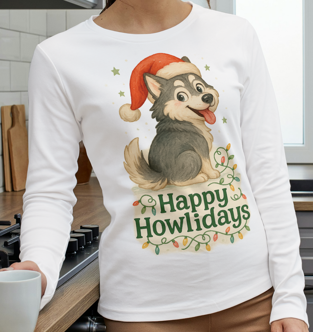 Happy Howlidays Husky Dog Christmas Long Sleeve Tee