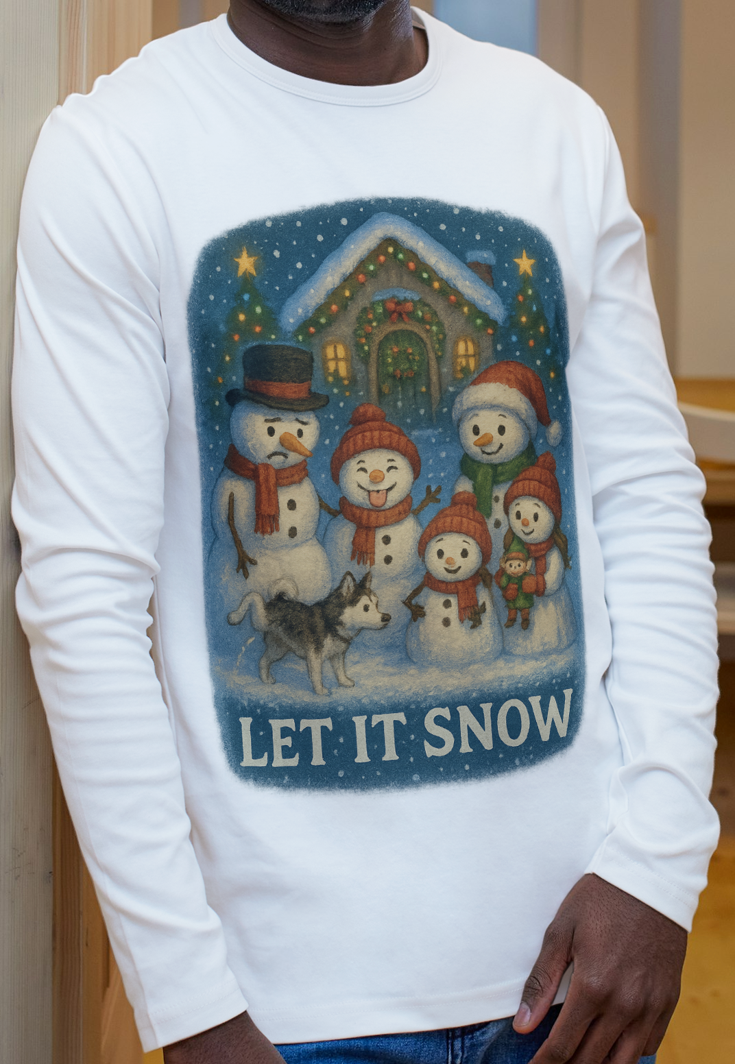 Festive Silly Snowman family  "Let It Snow" Holiday Long Sleeve Christmas Shirt