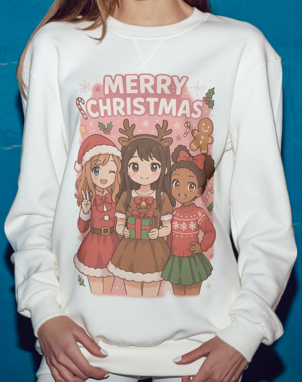 Merry Christmas Pink Anime Girl Cartoon Crewneck Sweatshirt