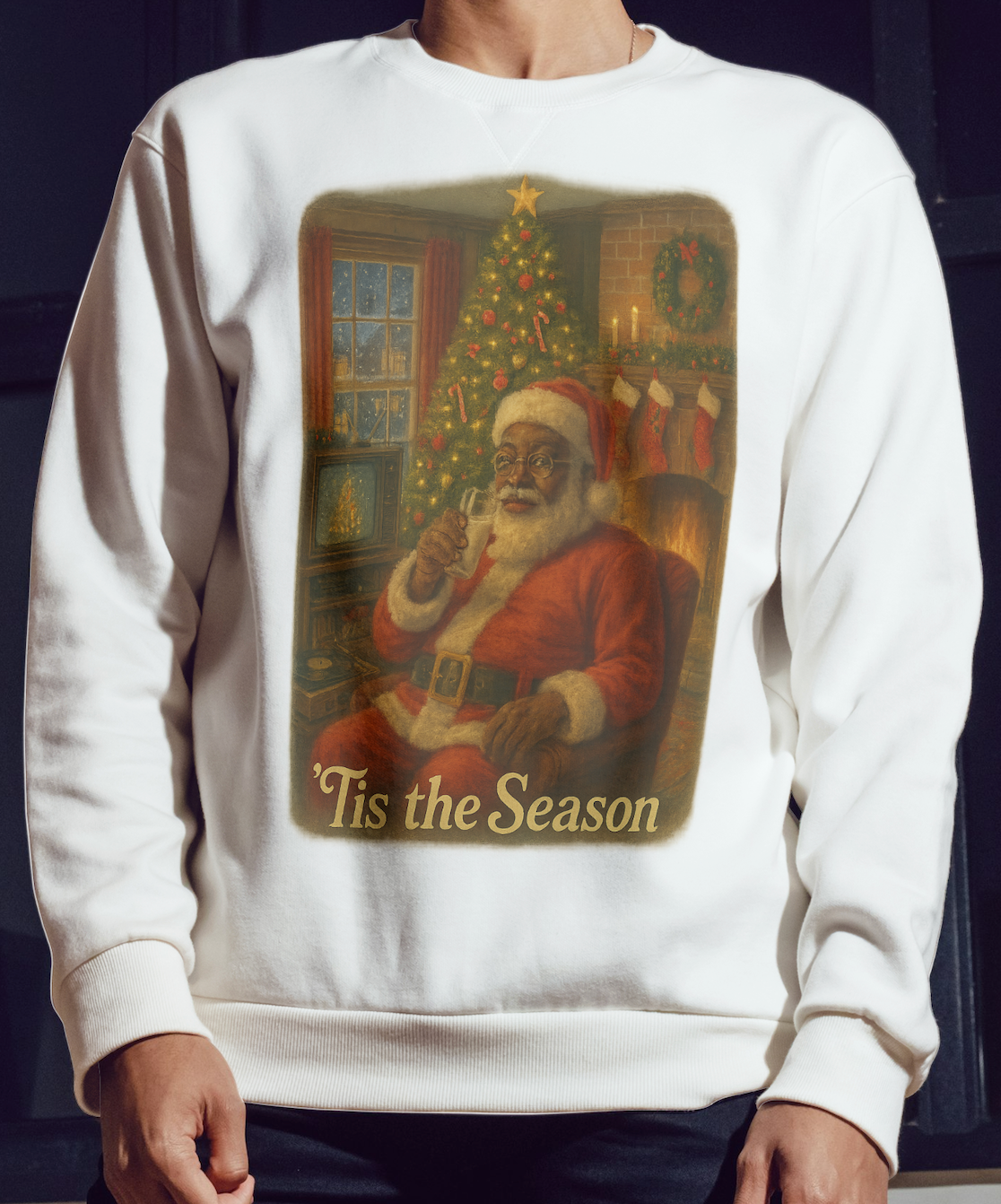 Festive Black Santa - Nostalgic 'Tis the Season vintage Christmas Crewneck Sweatshirt