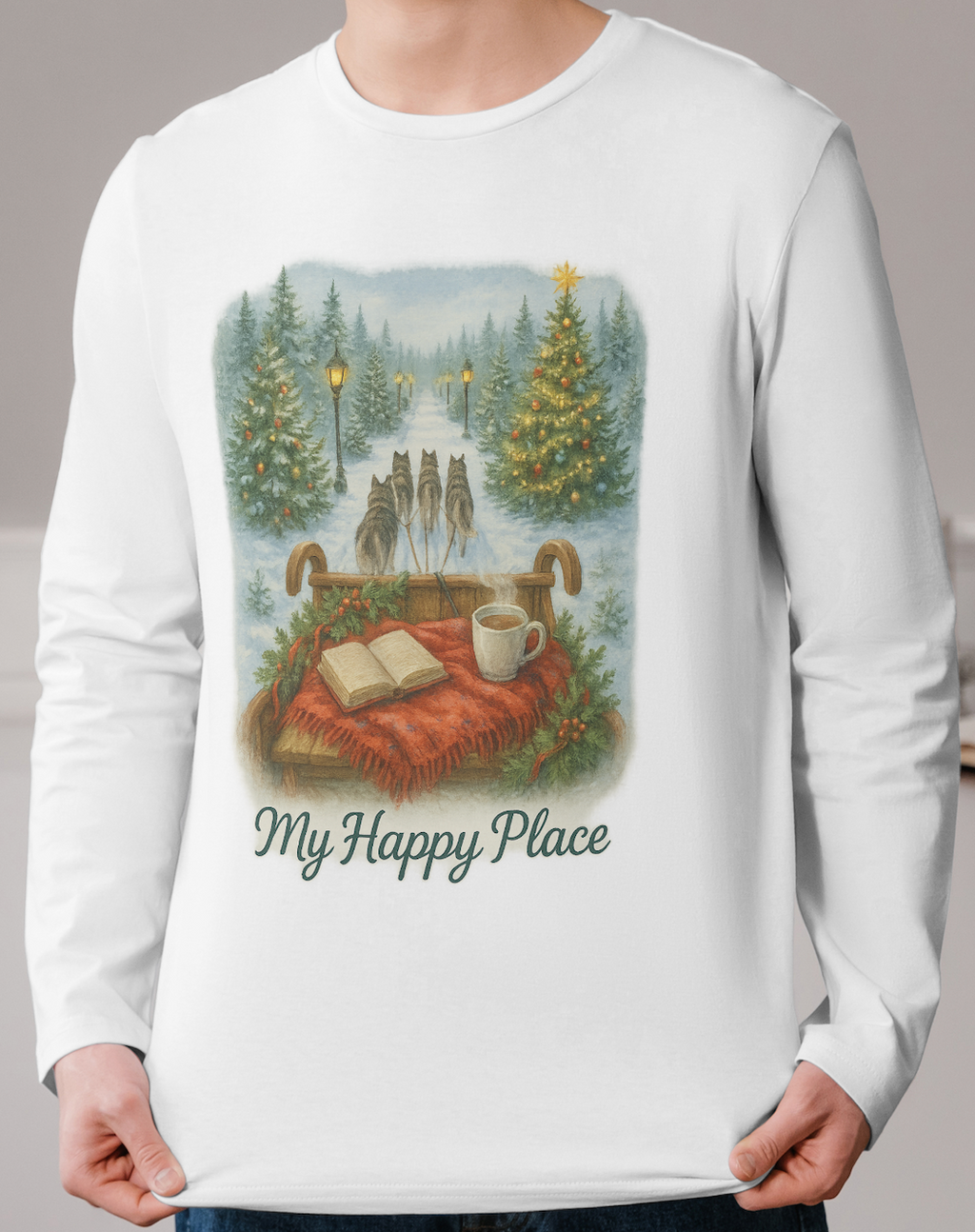 Christmas Tree Farm - 'My Happy Place' Sled Dog Long Sleeve T-Shirt