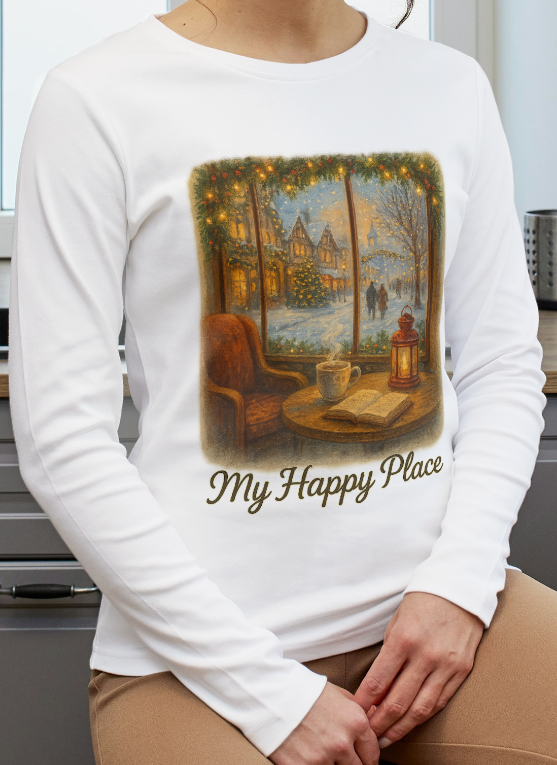 Christmas Coffee Shop - 'My Happy Place' Holiday Village Long Sleeve Tee